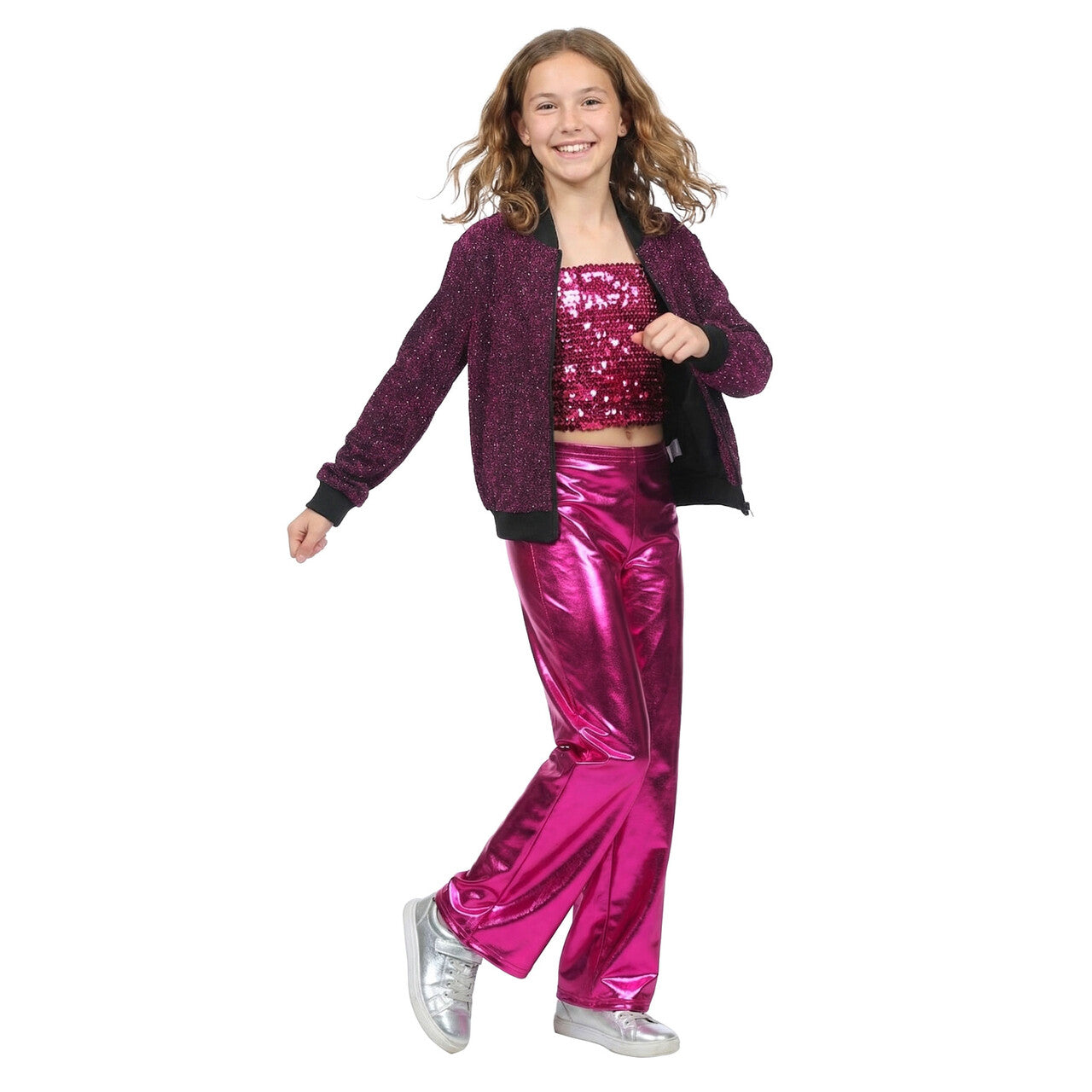 Op deze afbeelding zie je een Kostuums, van het merk Wilbers. Purple Party Glitter Jas Meisje