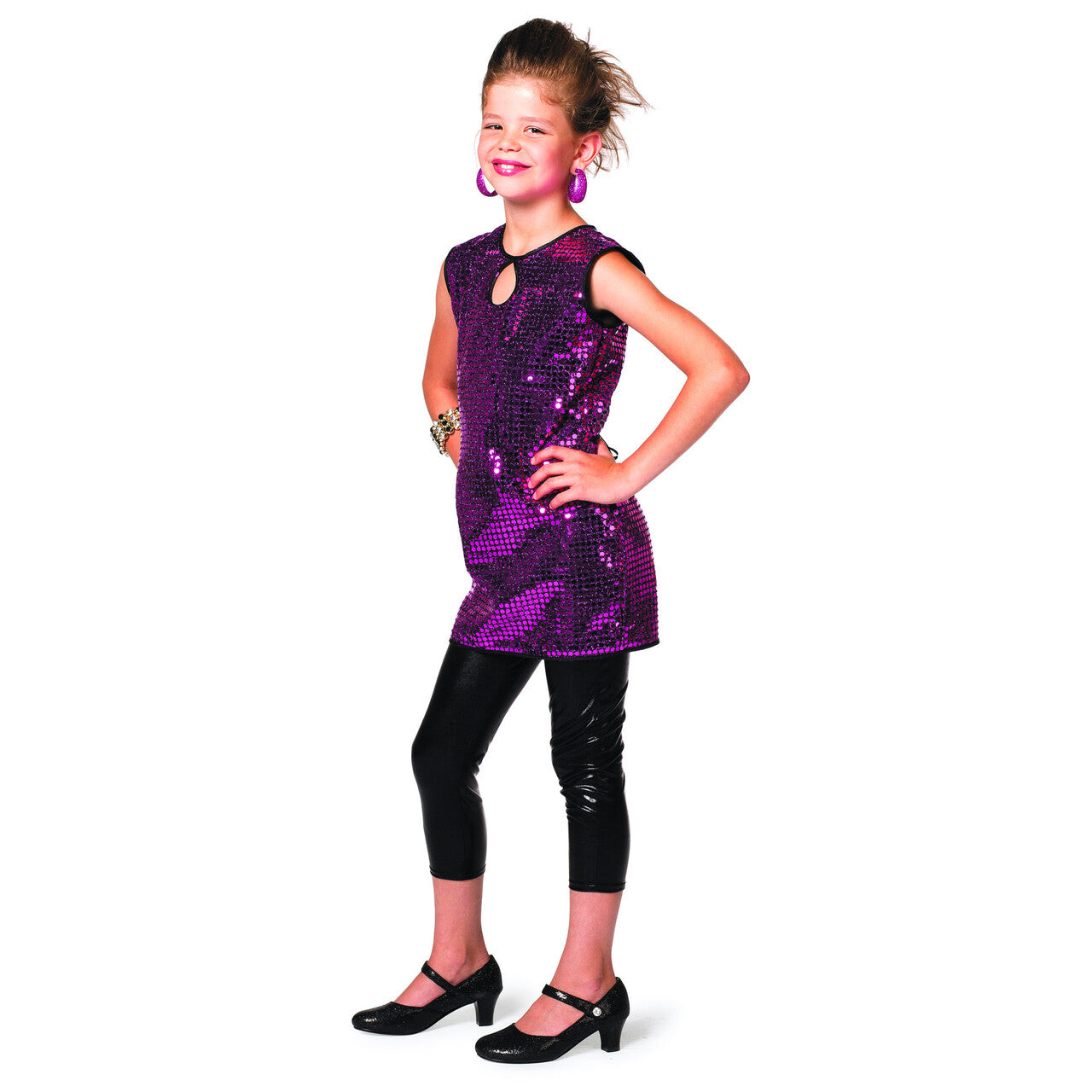 Op deze afbeelding zie je een Kostuums, van het merk Wilbers. Paarse Discogirl Pailletten Jurkje Patty Meisje