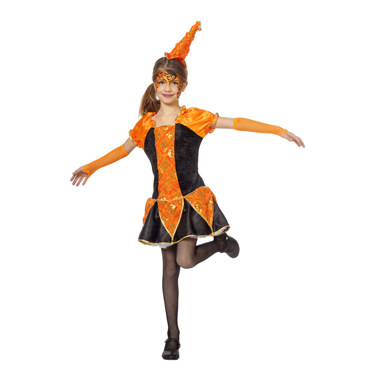 Op deze afbeelding zie je een Kostuums, van het merk Wilbers. Oranje Pierrot Luxe Joker Meisje Kostuum