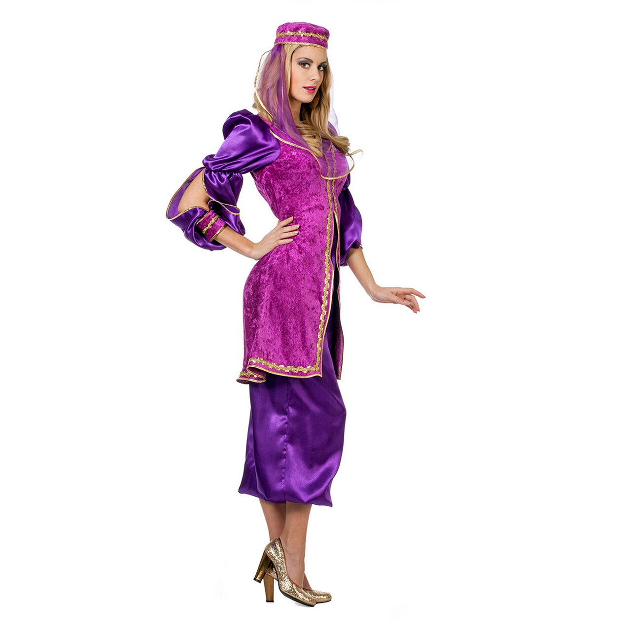 Op deze afbeelding zie je een Kostuums, van het merk Wilbers. Keurige Oosterse Paarse Prinses Vrouw Kostuum