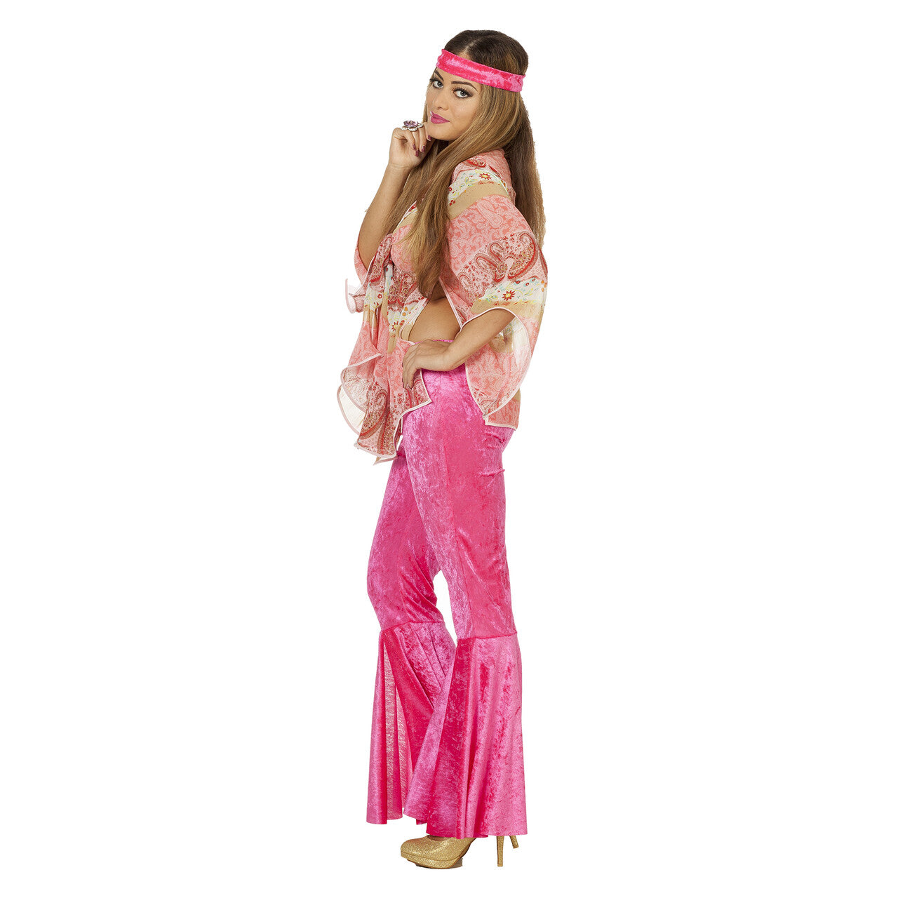 Op deze afbeelding zie je een Kostuums, van het merk Wilbers. Dandy Pink Flower Power De Luxe Roze Vrouw Kostuum