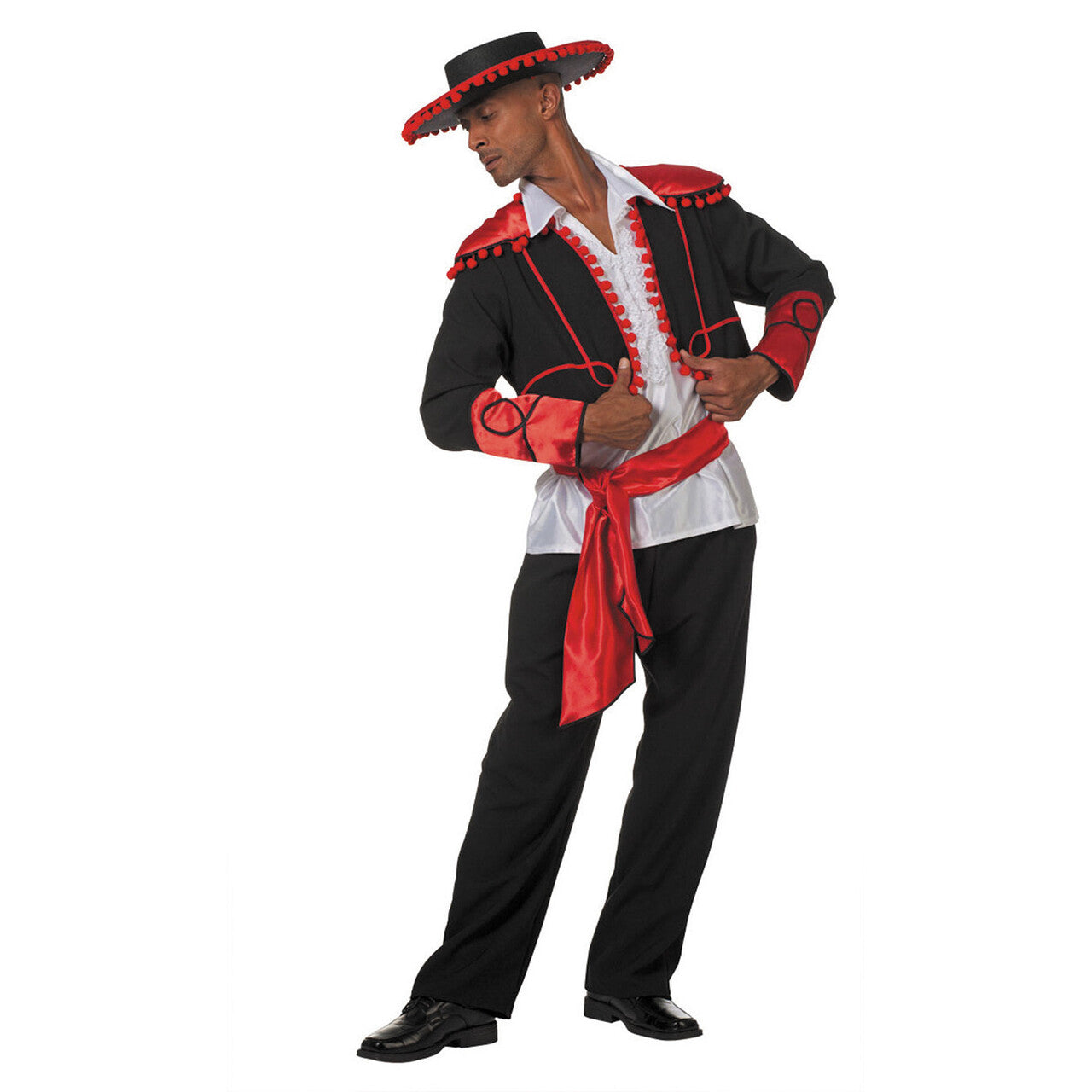Op deze afbeelding zie je een Kostuums, van het merk Wilbers. Rood Zwarte Flamenco Stierenvechter Don Miguel De Castanguelas Man Kostuum