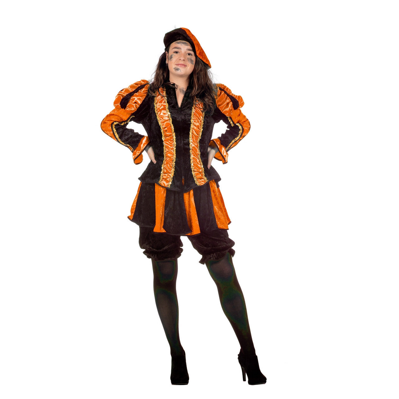 Op deze afbeelding zie je een Kostuums, van het merk Wilbers. Oranje Gestreepte Piet Dames Vrouw Kostuum
