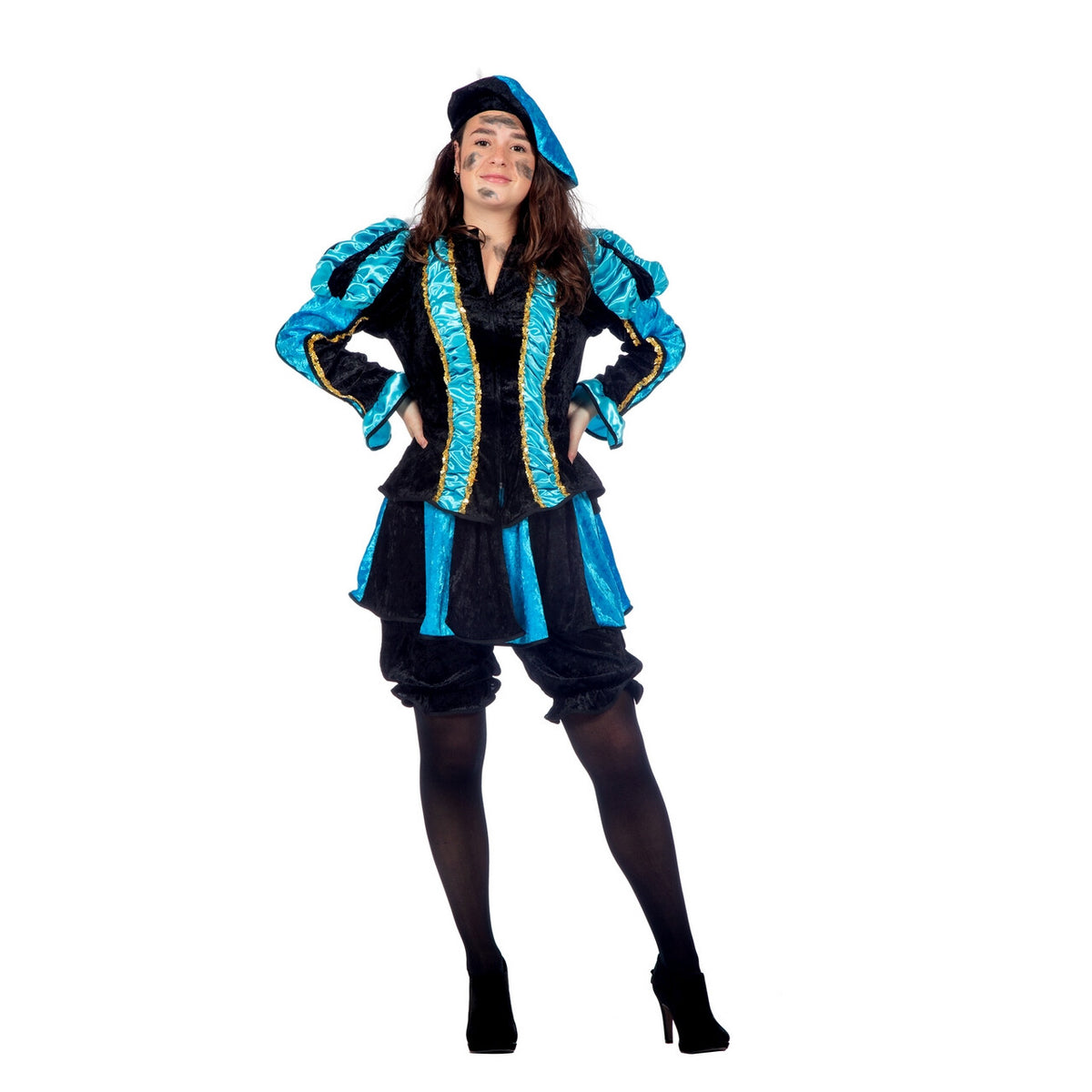 Op deze afbeelding zie je een Kostuums, van het merk Wilbers. Aqua Gestreepte Piet Dames Vrouw Kostuum