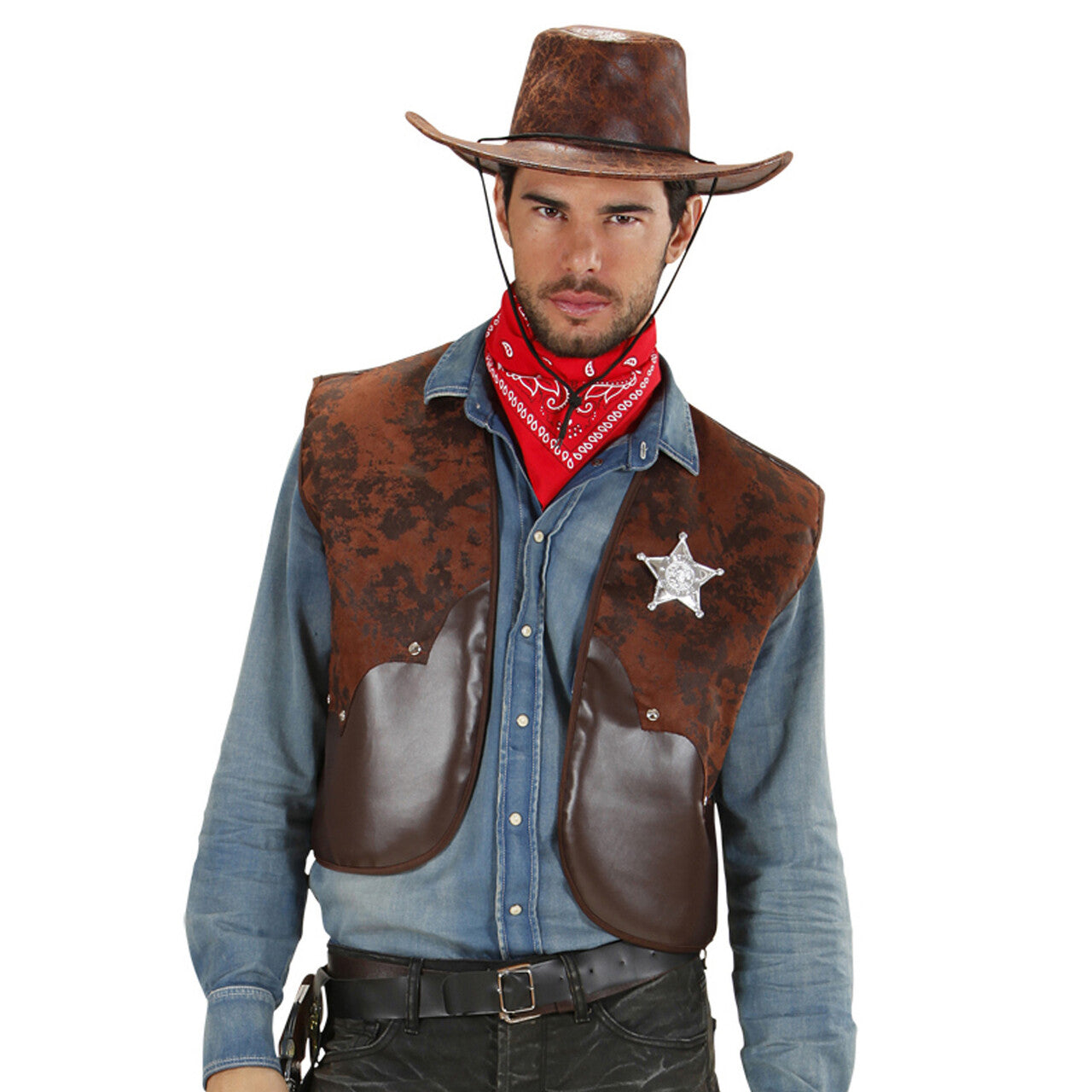 Op deze afbeelding zie je een Kostuums, van het merk Widmann. Cowboy Vest Man