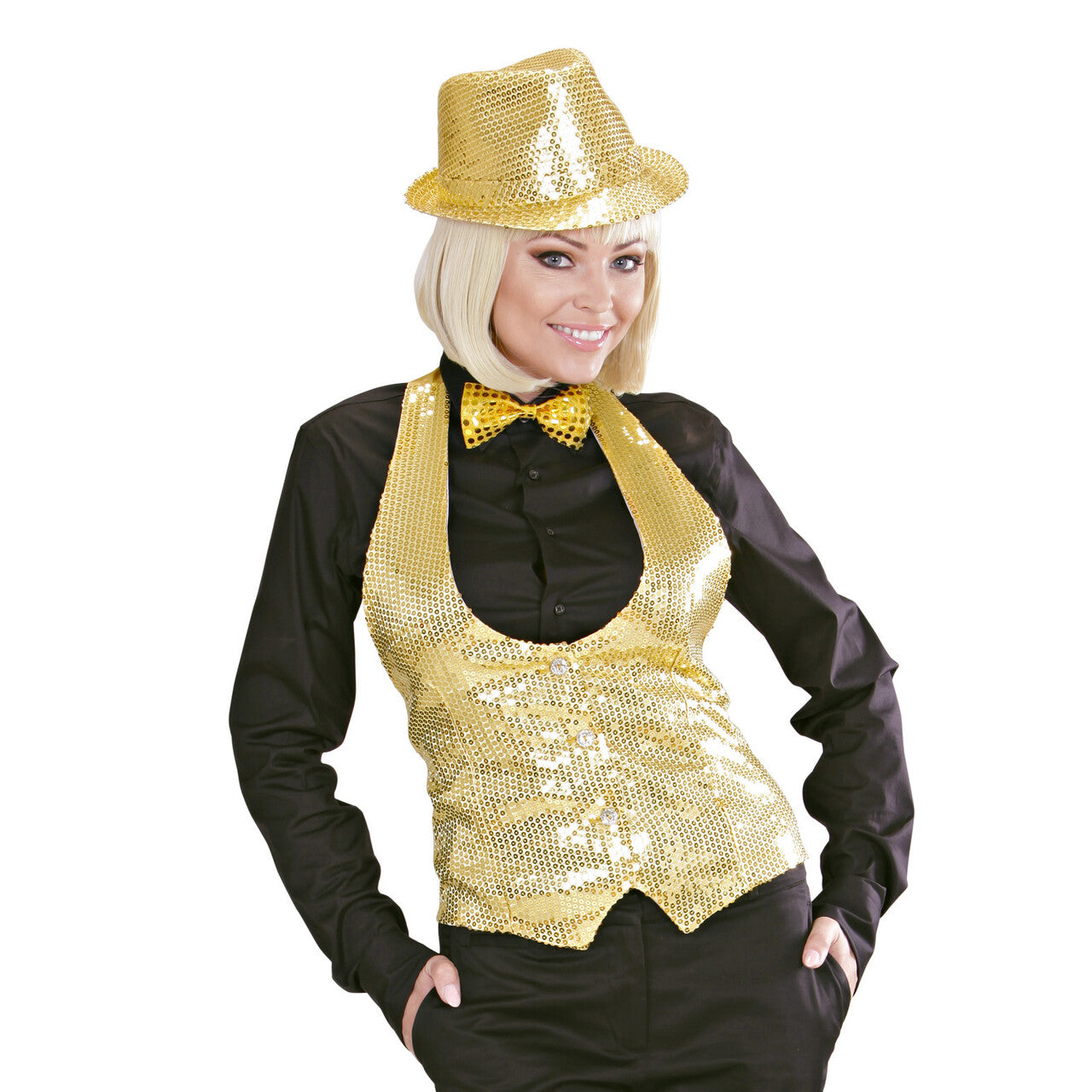 Op deze afbeelding zie je een Kostuums, van het merk Widmann. Dames Pailletten Vest Goud Vrouw