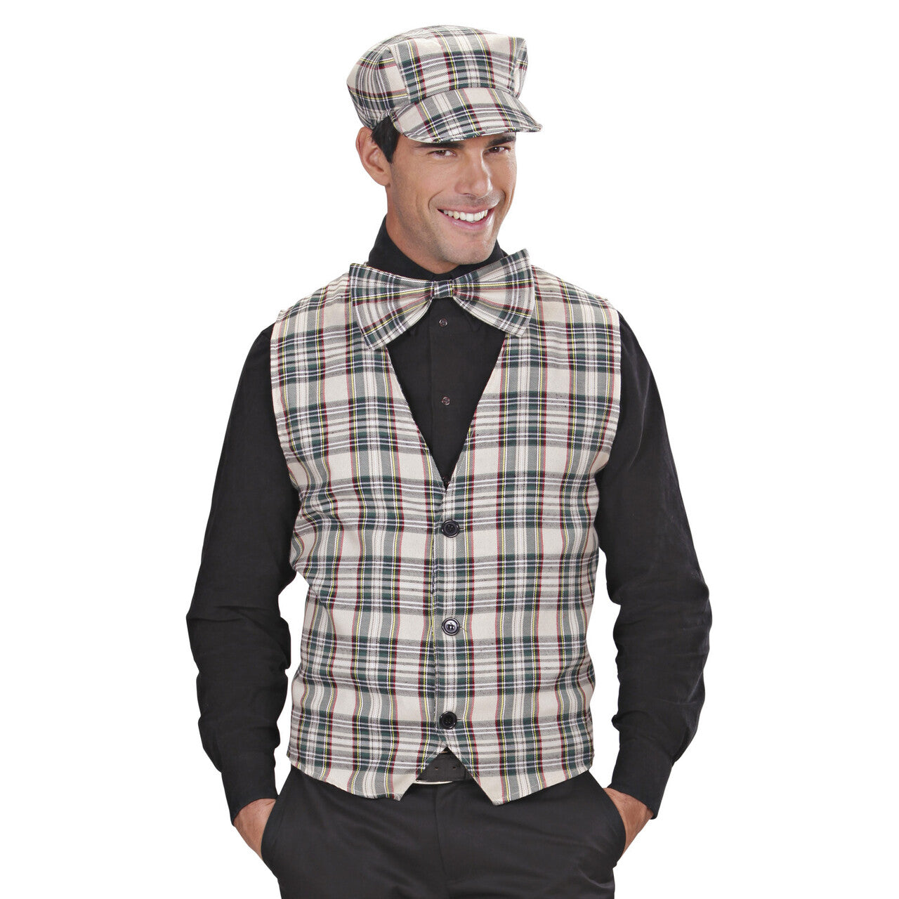 Op deze afbeelding zie je een Kostuums, van het merk Widmann. Vest Schotse Ruit Beige