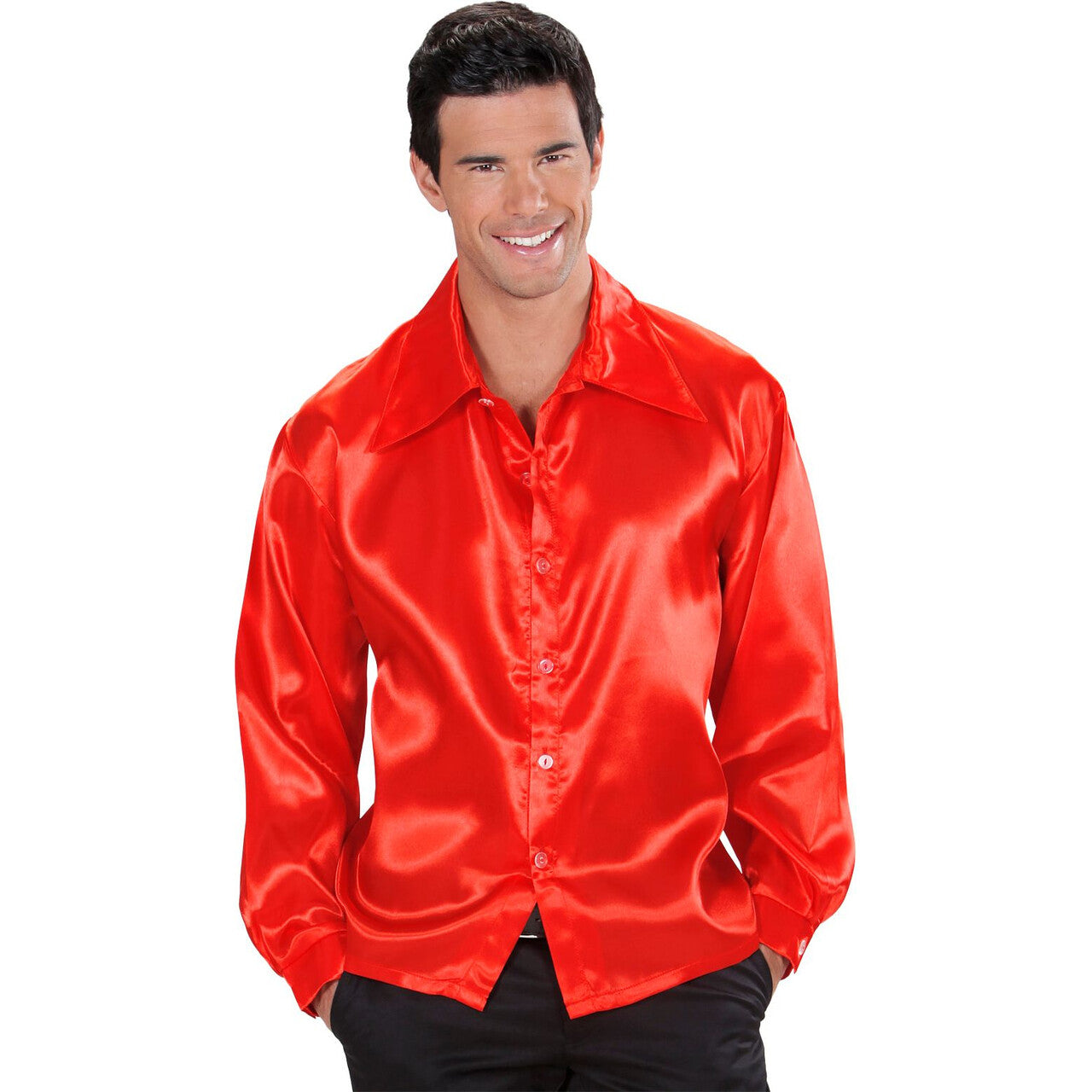 Op deze afbeelding zie je een Kostuums, van het merk Widmann. 70s Disco Shirt Rood Satijn Man