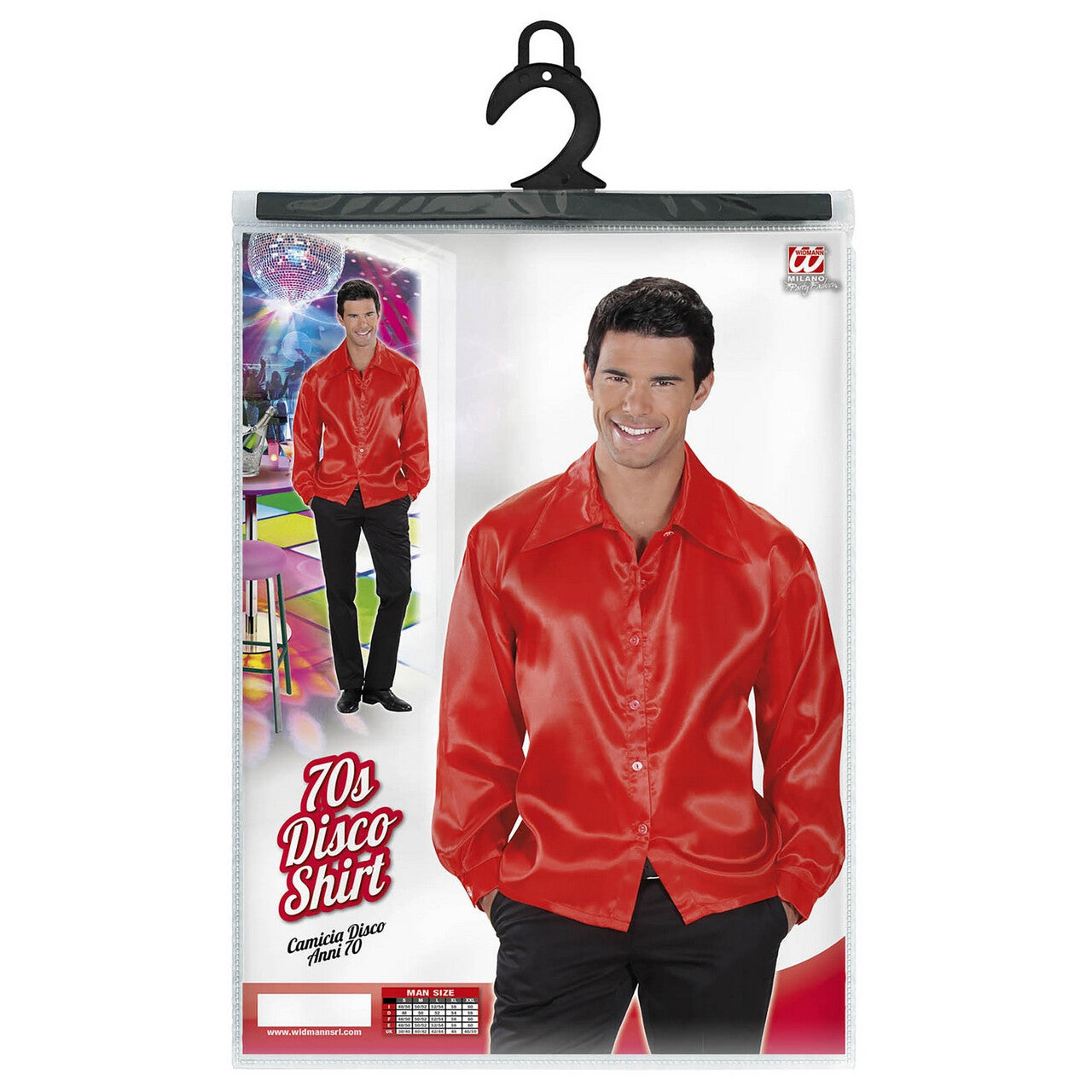 Op deze afbeelding zie je een Kostuums, van het merk Widmann. 70s Disco Shirt Rood Satijn Man