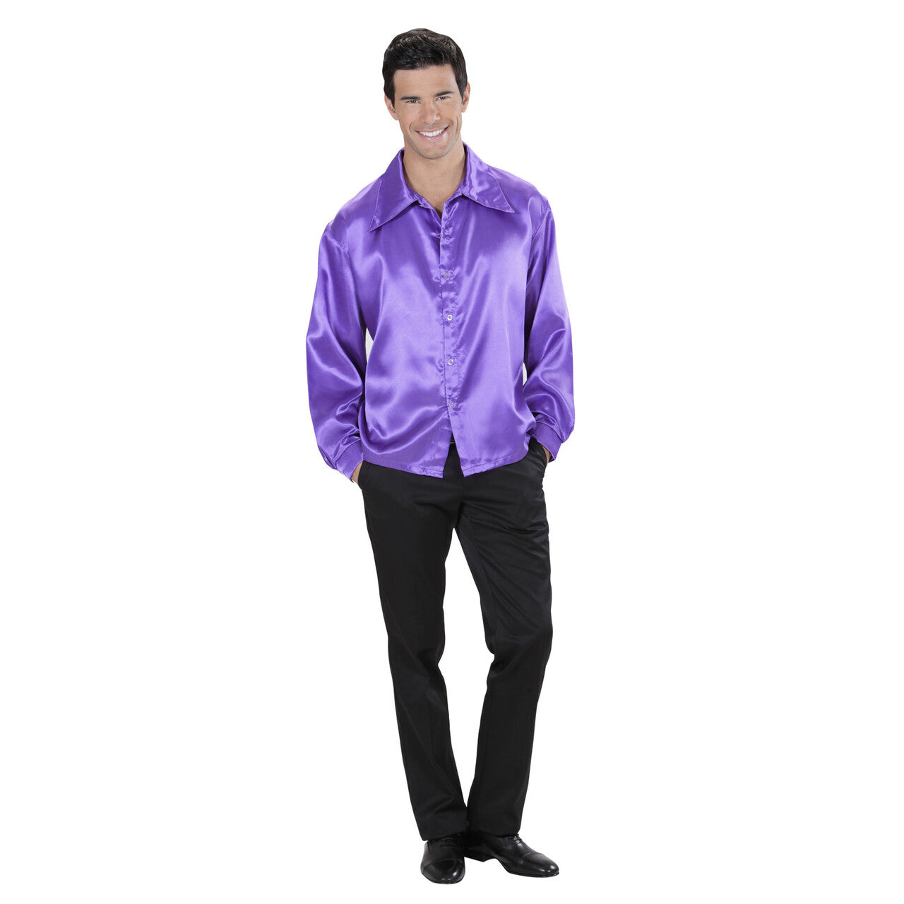 Op deze afbeelding zie je een Kostuums, van het merk Widmann. 70s Disco Shirt Paars Satijn Man