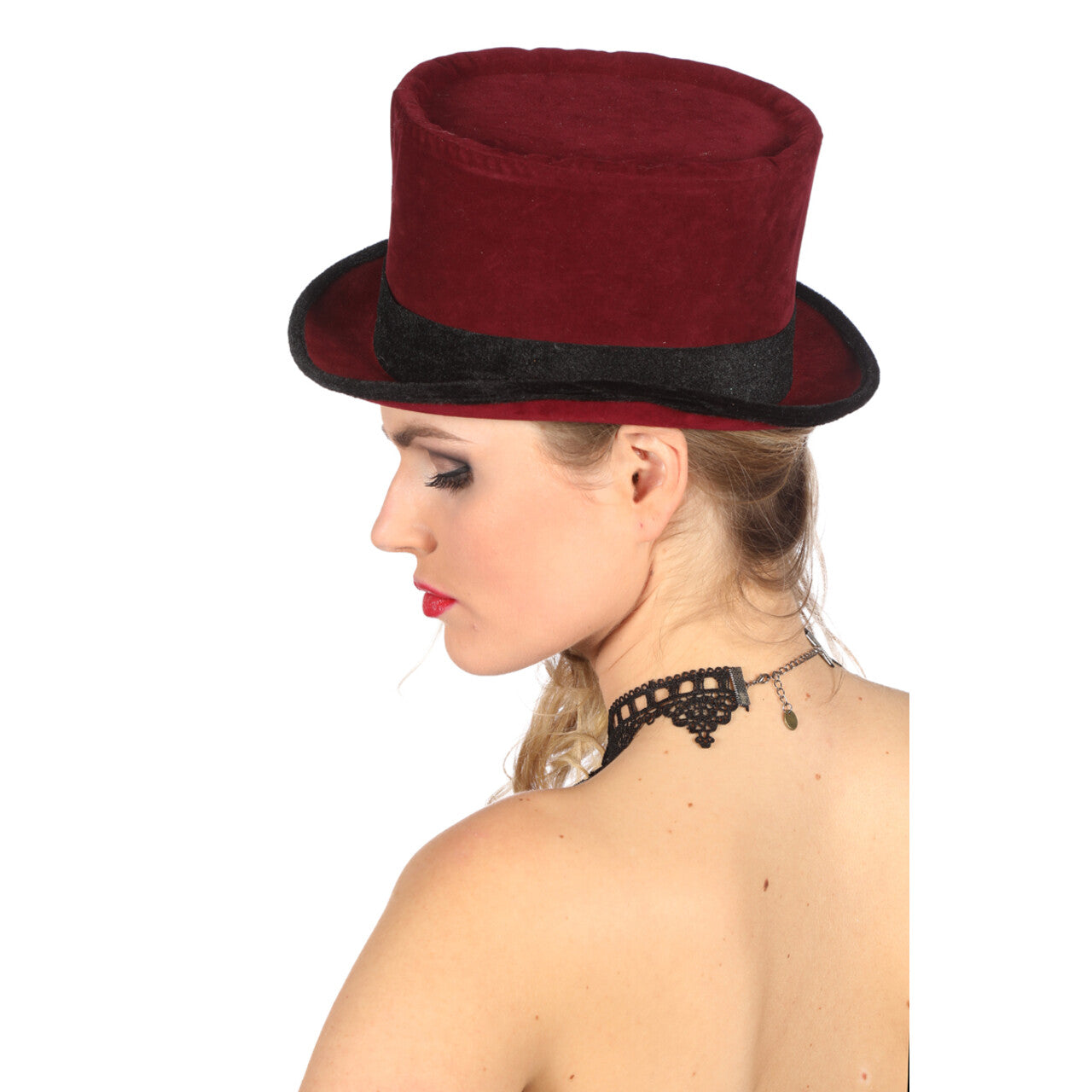 Op deze afbeelding zie je een Accessoires, van het merk Wilbers. Hoge Hoed Fluweel Rood Met Zwarte Band
