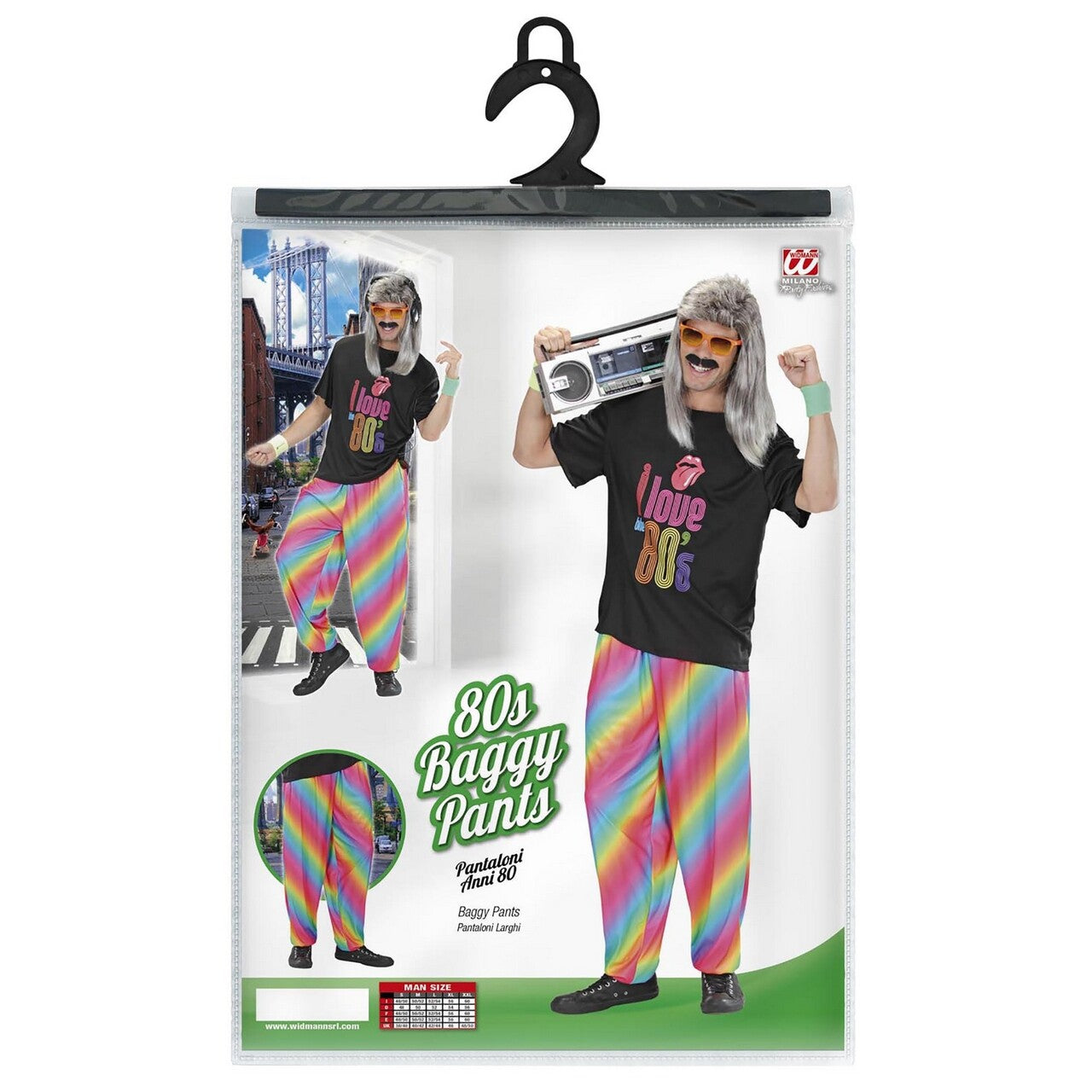 Op deze afbeelding zie je een Kostuums, van het merk Widmann. Baggy Broek 80s Regenboog Kleuren Man