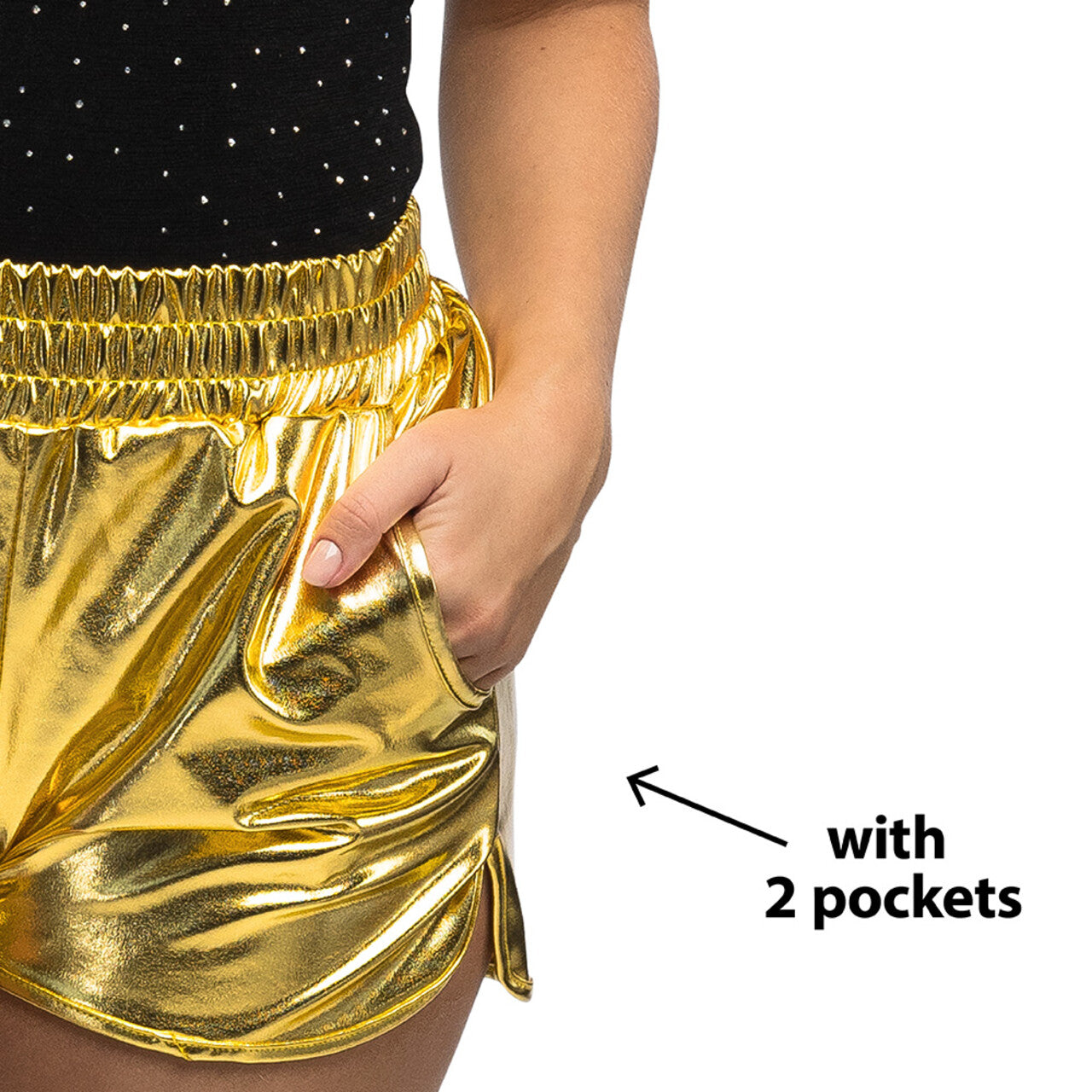 Op deze afbeelding zie je een Kostuums, van het merk Boland. Hotpants Metallic Shiny Sports Goud Vrouw