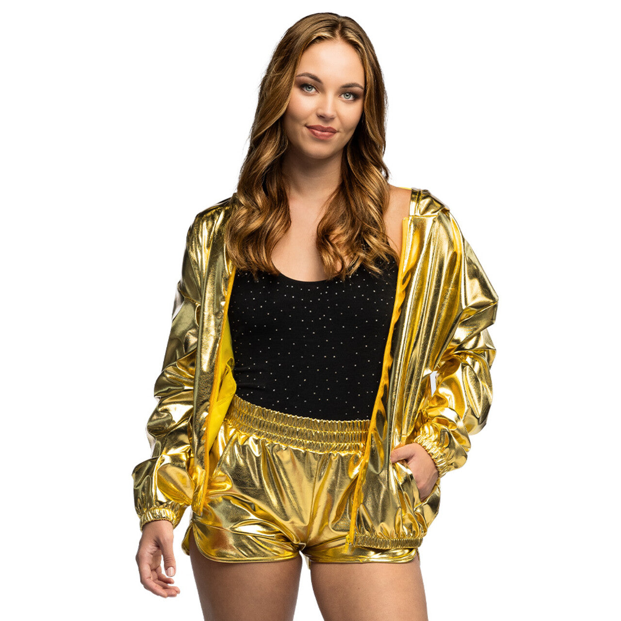 Op deze afbeelding zie je een Kostuums, van het merk Boland. Hotpants Metallic Shiny Sports Goud Vrouw