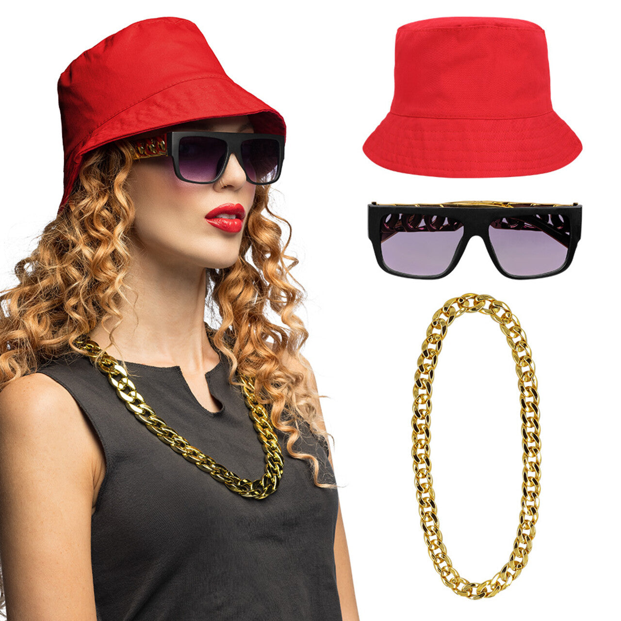 Op deze afbeelding zie je een Accessoires, van het merk Boland. Set 90s Hip Hop (Bucket Hat, Partybril, Ketting)