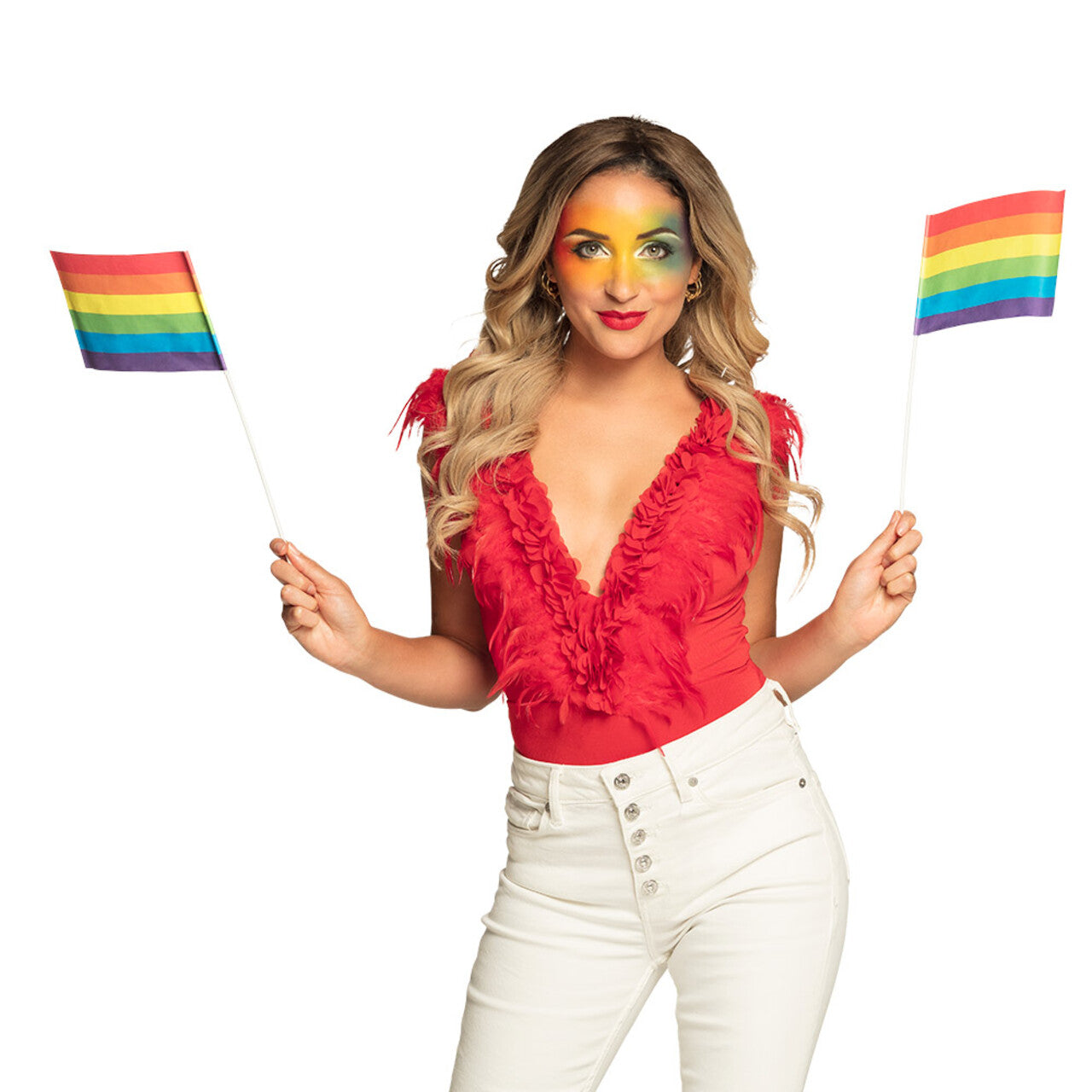 Op deze afbeelding zie je een Decoratie, van het merk Boland. Set 6 Papieren Zwaaivlaggen Regenboog Klein