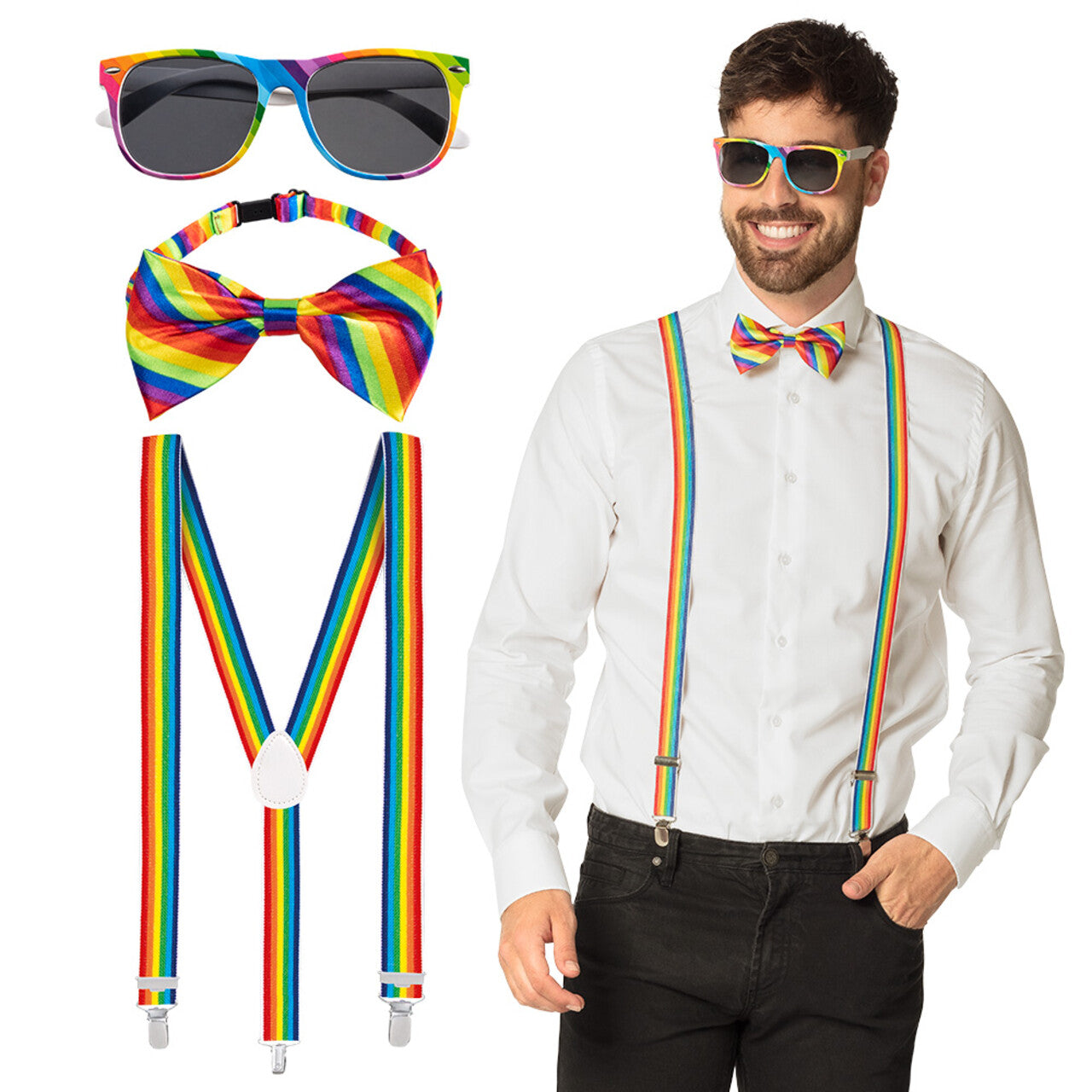 Op deze afbeelding zie je een Accessoires, van het merk Boland. Gentleman Party Set Regenboog (Partybril, Vlinderstrik En Bretels)