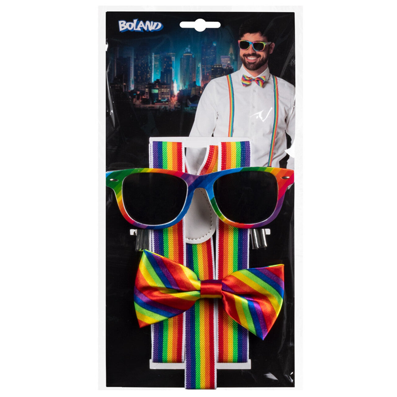 Op deze afbeelding zie je een Accessoires, van het merk Boland. Gentleman Party Set Regenboog (Partybril, Vlinderstrik En Bretels)