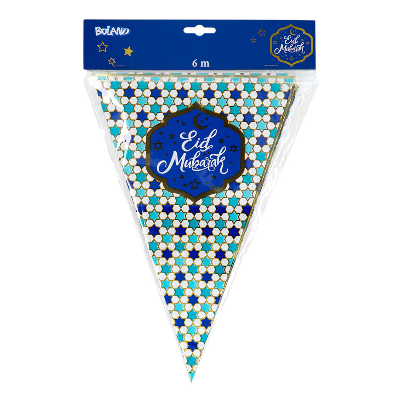 Op deze afbeelding zie je een Decoratie, van het merk Boland. Folie Vlaggenlijn Eid Mubarak Blauw / Goud