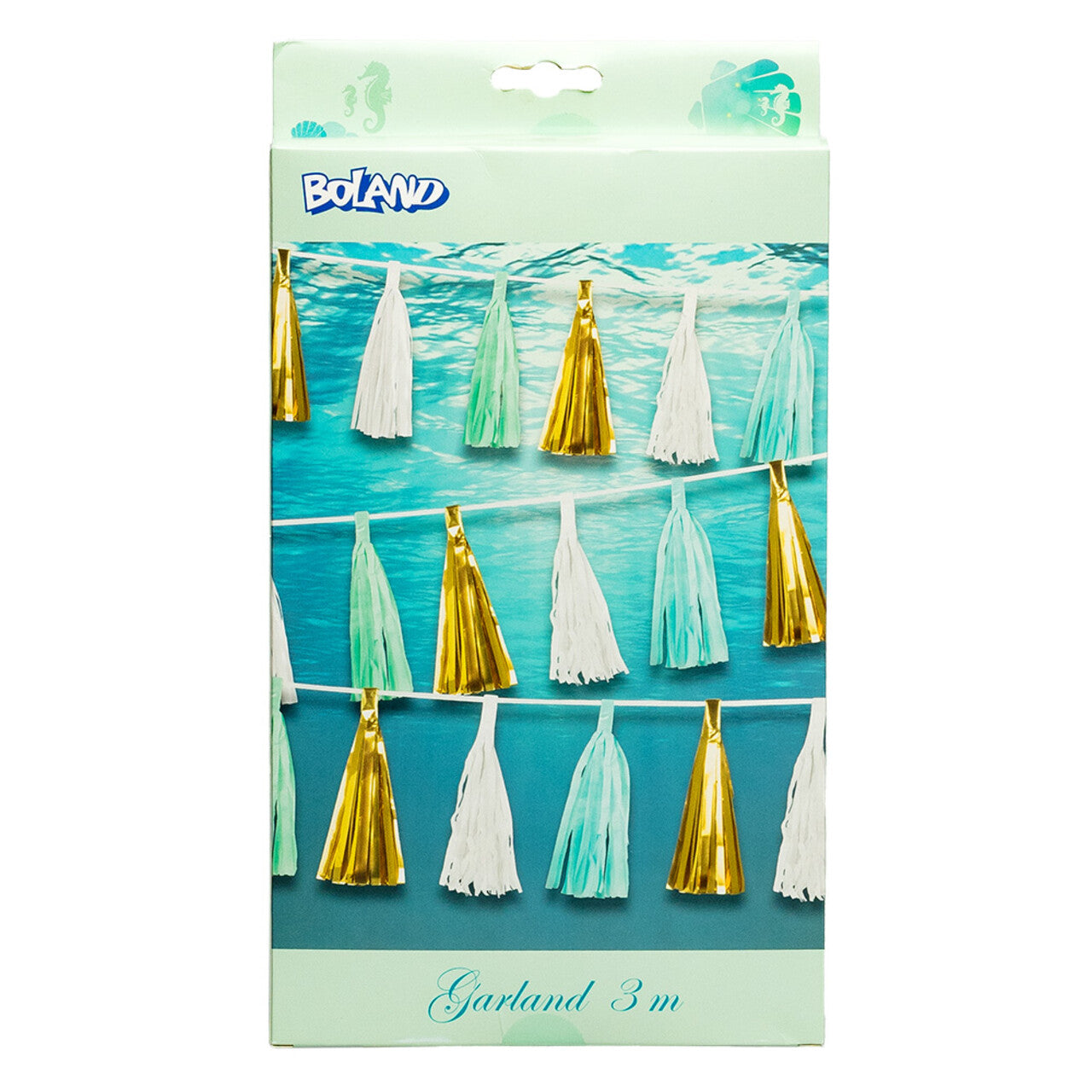 Op deze afbeelding zie je een Decoratie, van het merk Boland. Papieren Franje Slinger Diep In De Zee Blauw / Wit / Goud