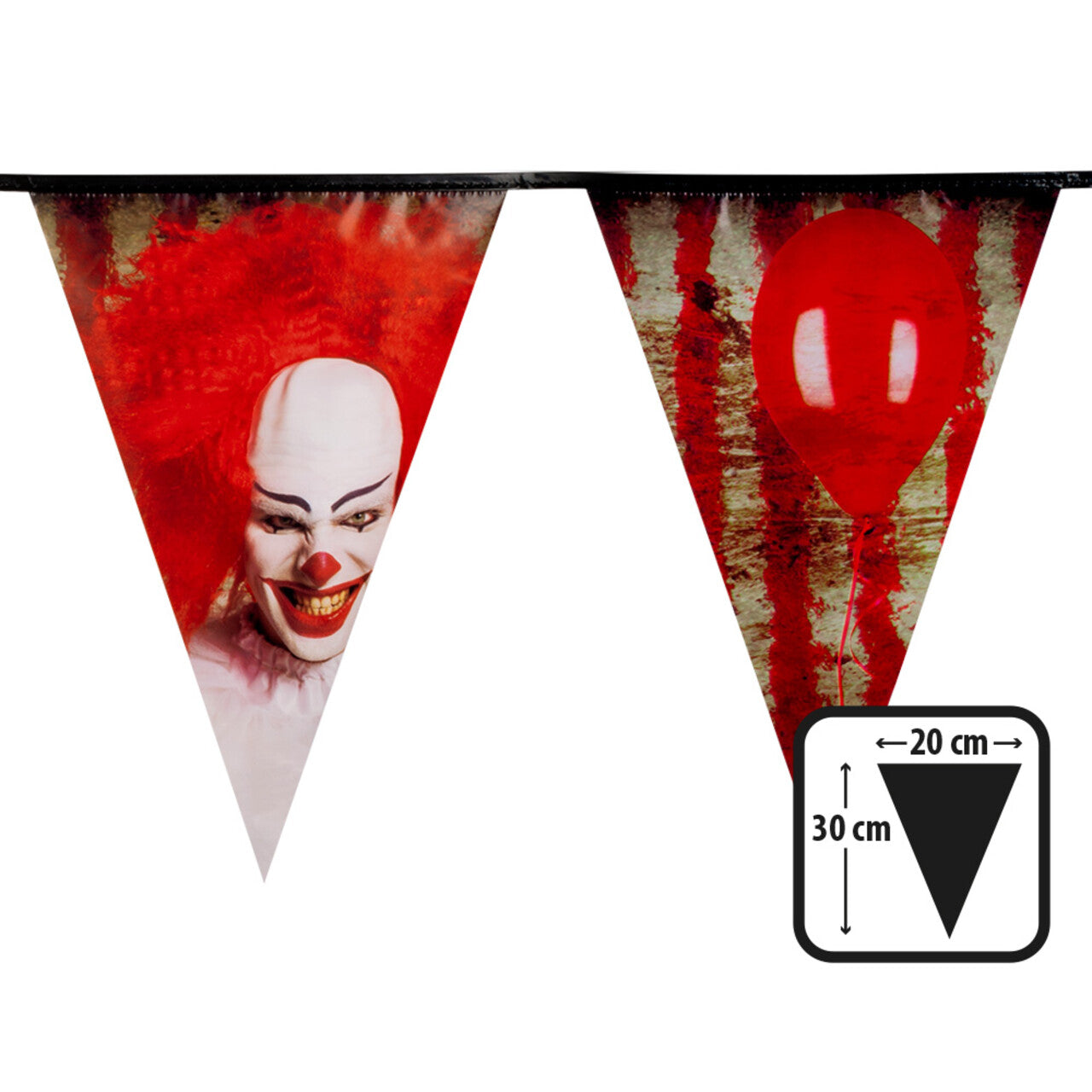 Op deze afbeelding zie je een Decoratie, van het merk Boland. Creepy Clown Pennywise Vlaggenlijn