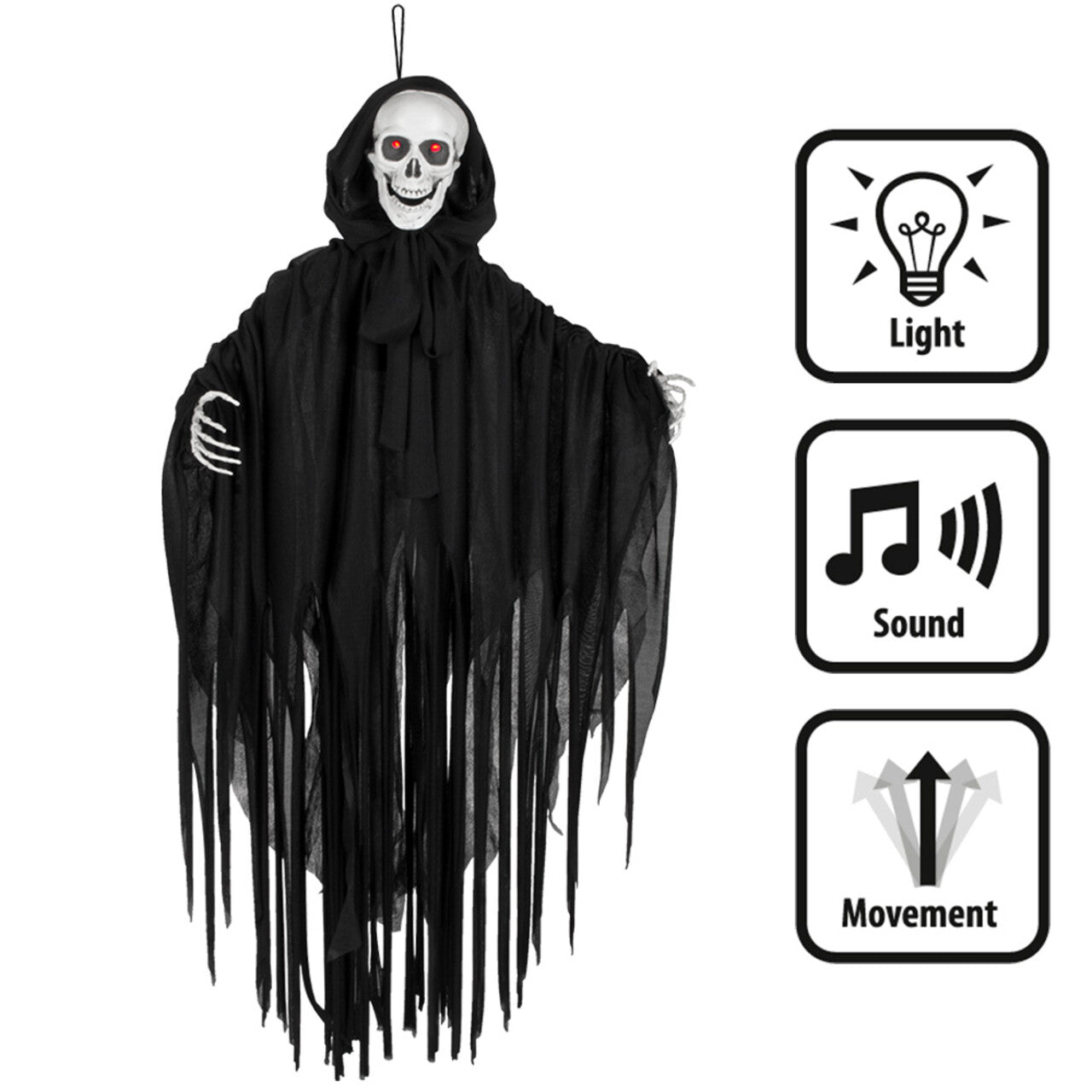 Op deze afbeelding zie je een Decoratie, van het merk Boland. Hangdecoratie Grim Skeleton Reaper Met Licht En Geluid