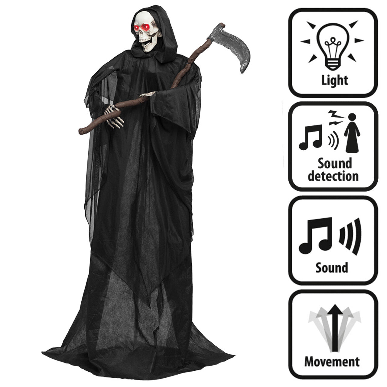 Op deze afbeelding zie je een Decoratie, van het merk Boland. Staande Decoratie Grim Reaper Met Licht En Geluid