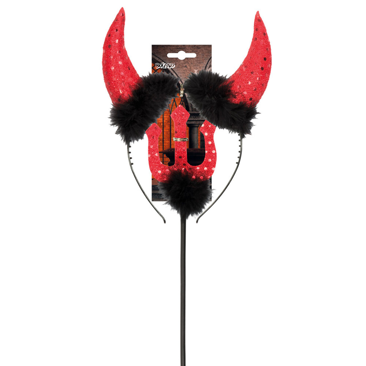 Op deze afbeelding zie je een Accessoires, van het merk Boland. Set Glitter Duivel Hoorntjes En Vork 40 Cm