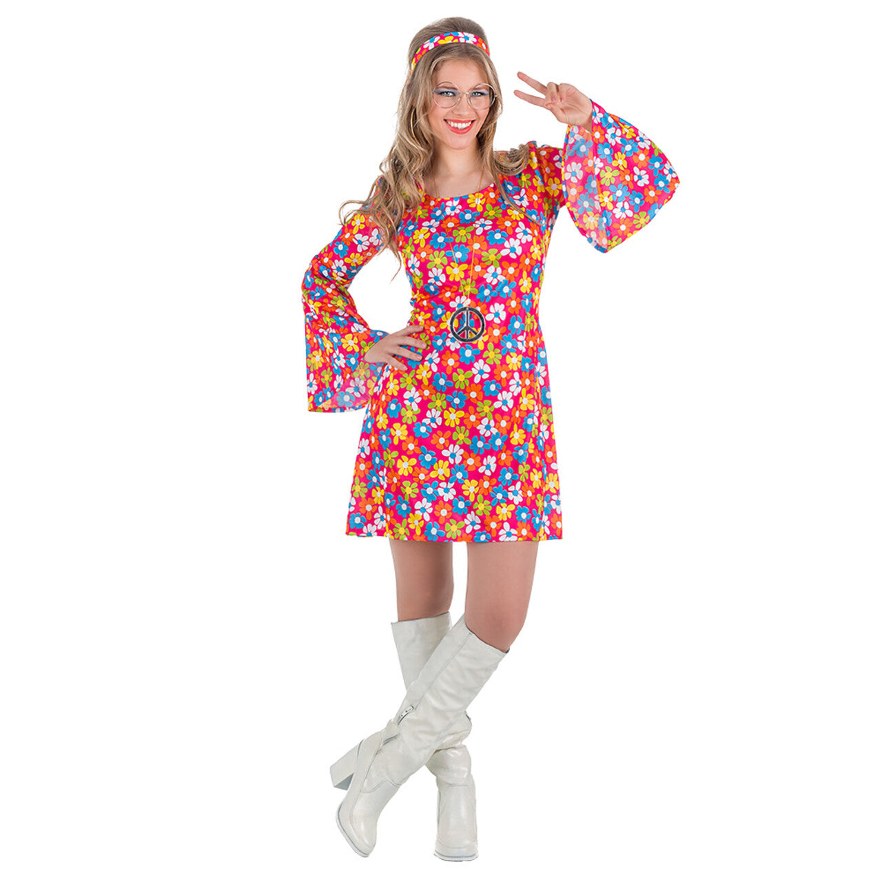 Op deze afbeelding zie je een Kostuums, van het merk Boland. Power Of Flowers Hippie Margriet Vrouw Kostuum