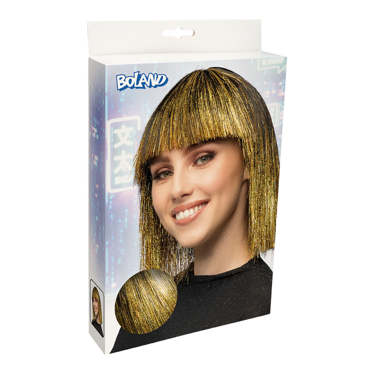 Op deze afbeelding zie je een Accessoires, van het merk Boland. Pruik Crazy Disco Goud