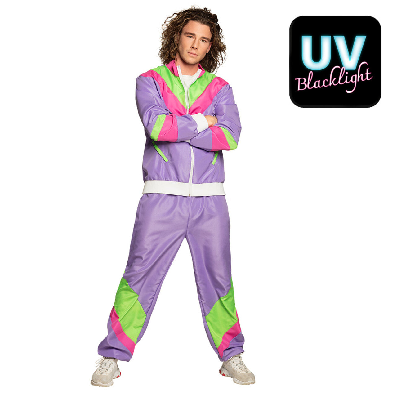 Op deze afbeelding zie je een Kostuums, van het merk Boland. Trainingspak Retro Dude Paars Man Kostuum