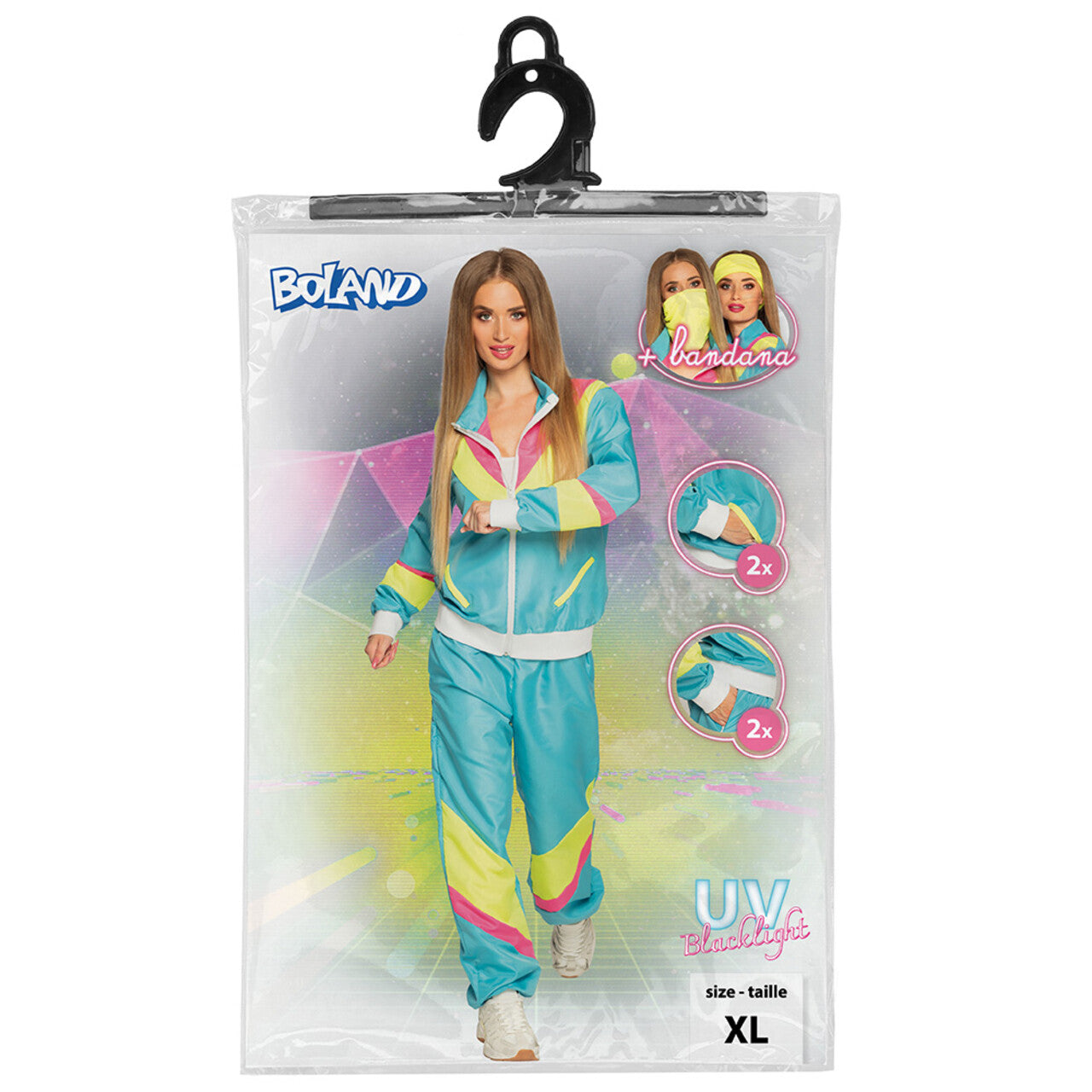 Op deze afbeelding zie je een Kostuums, van het merk Boland. Trainingspak Retro Babe Neonblauw Vrouw Kostuum