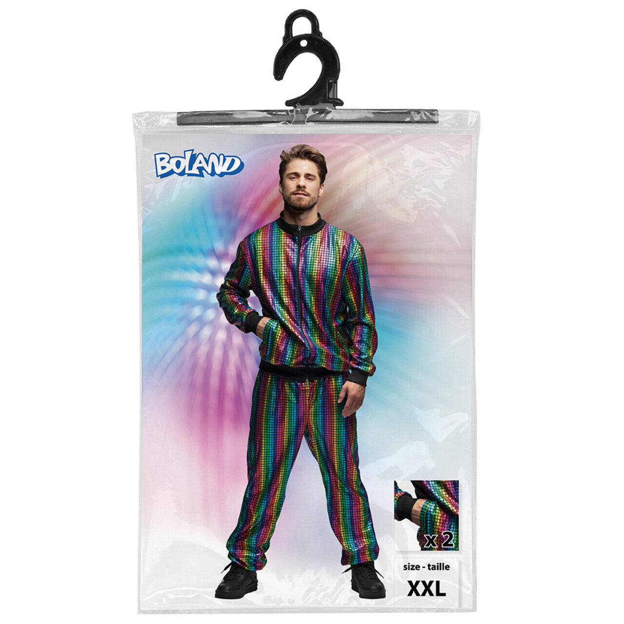 Op deze afbeelding zie je een Kostuums, van het merk Boland. Trainingspak Regenboog Dude Man Kostuum