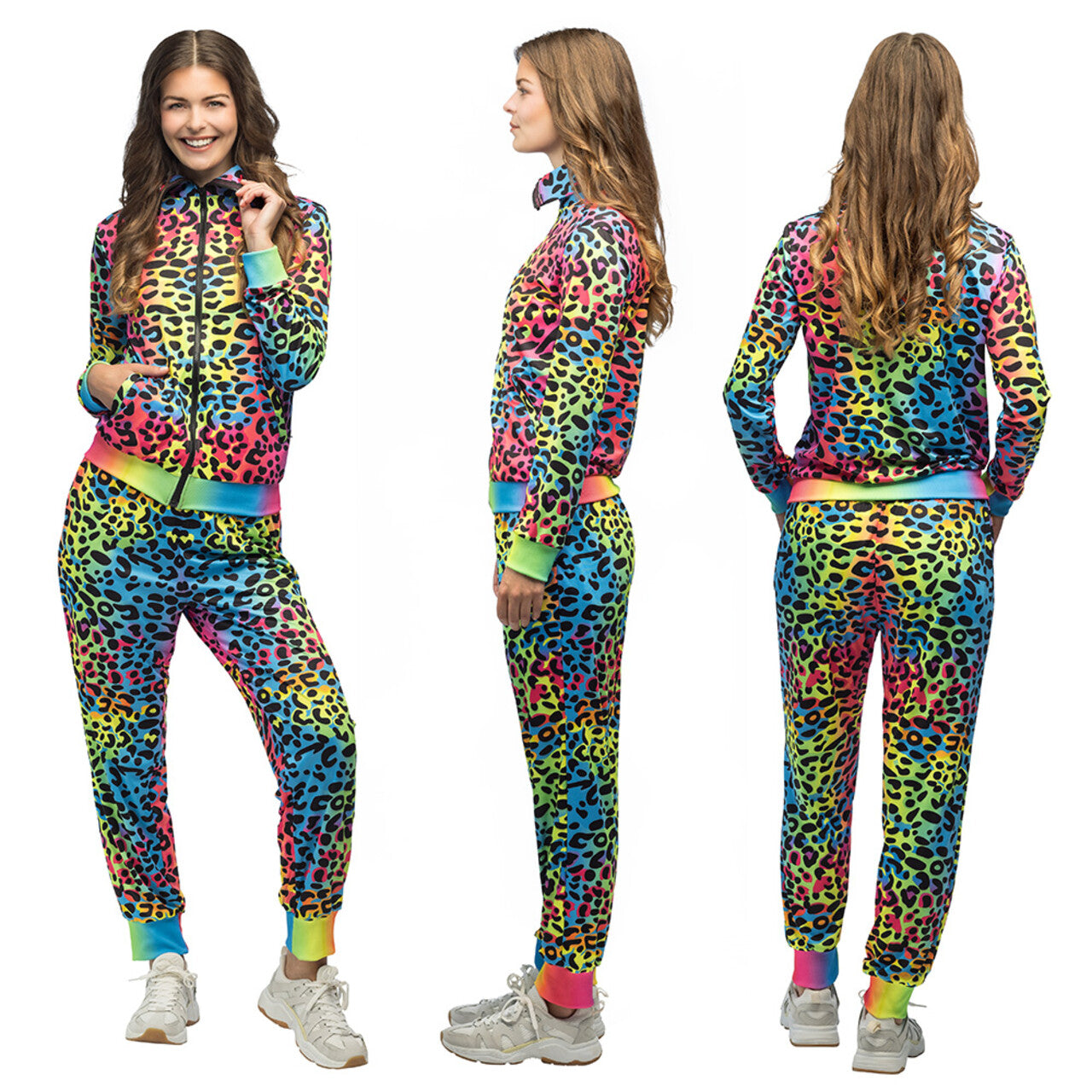 Op deze afbeelding zie je een Kostuums, van het merk Boland. Super Fout 90s Trainingspak Leopard Art Blacklight Vrouw Kostuum