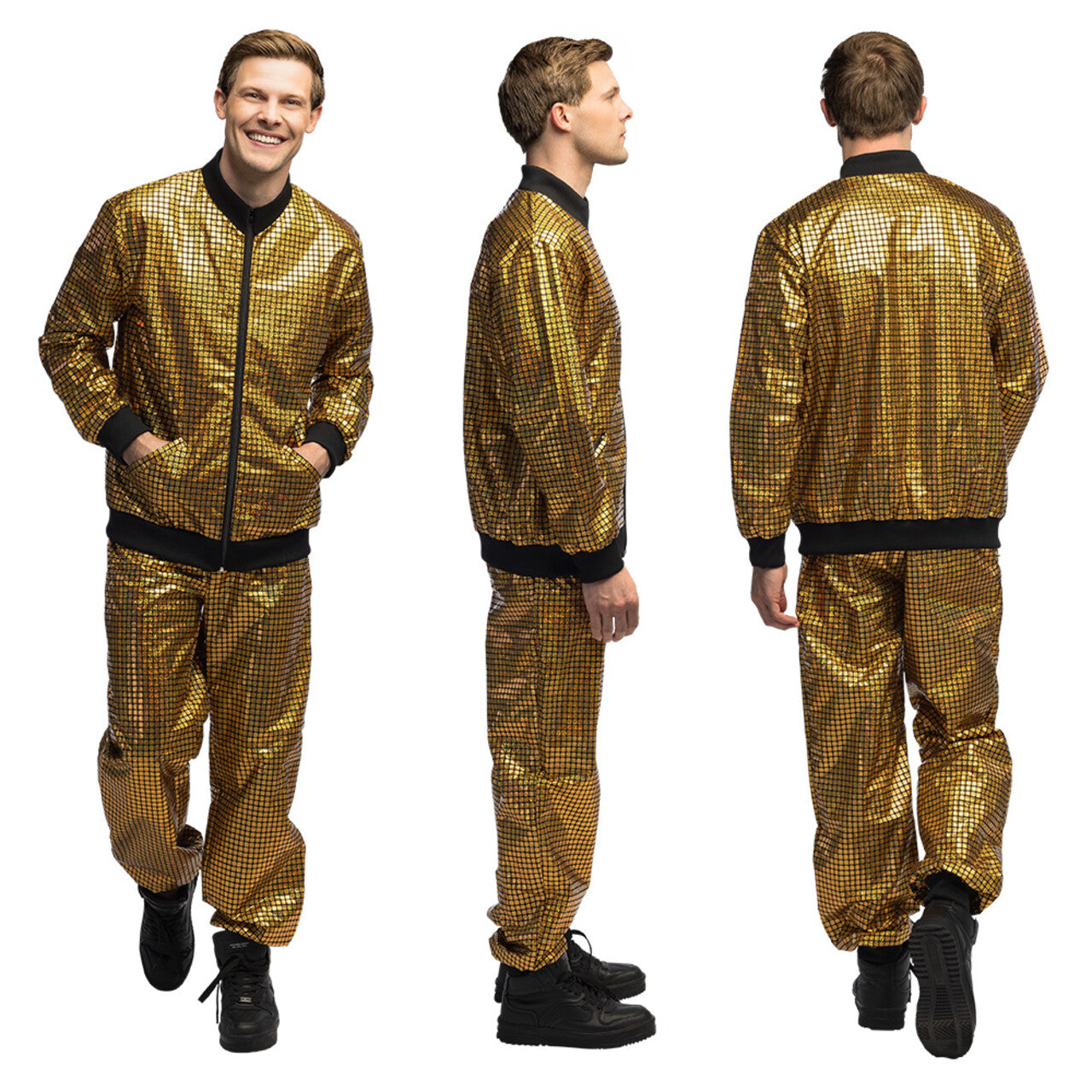 Op deze afbeelding zie je een Kostuums, van het merk Boland. Trainingspak Disco Diamond Dude Goud Man Kostuum