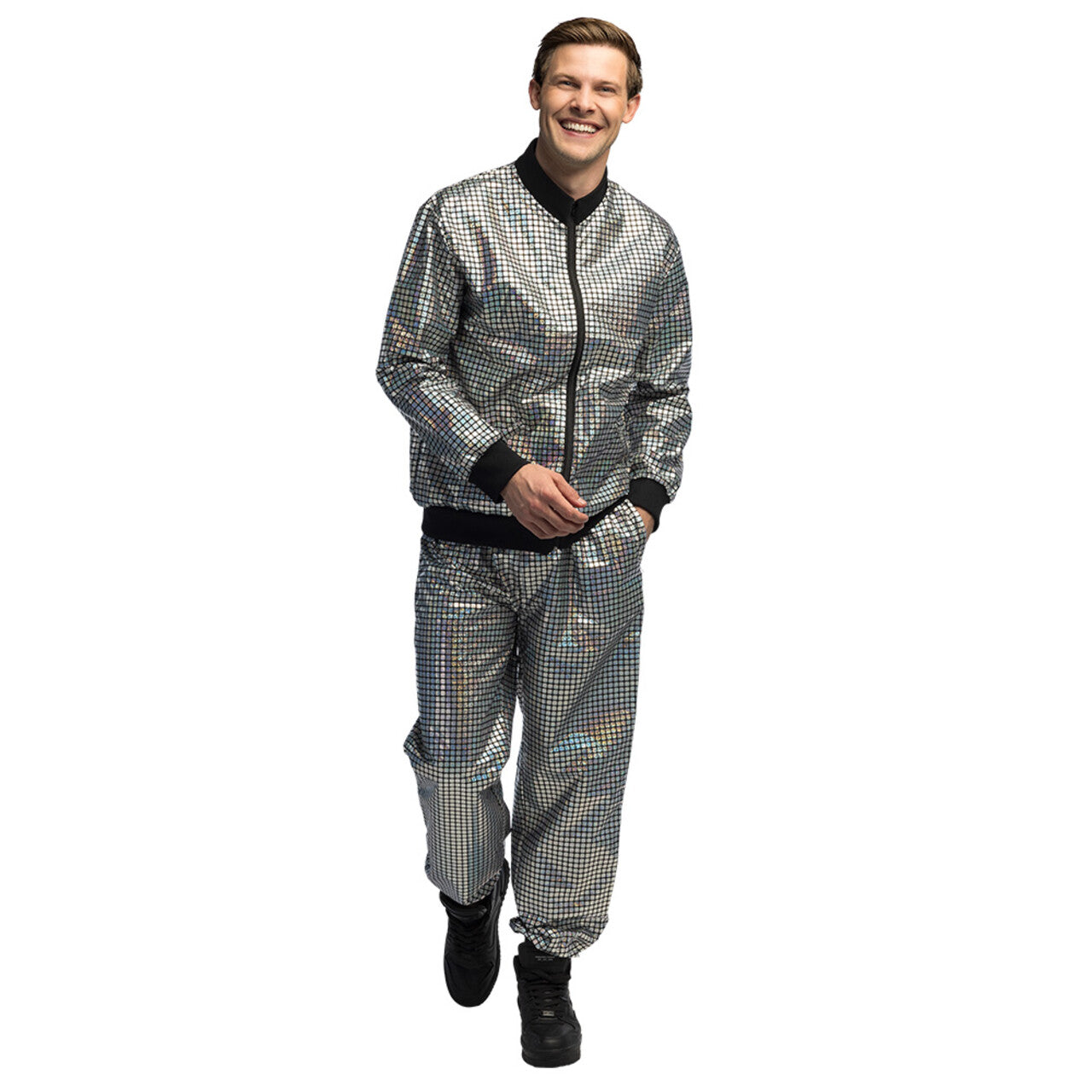 Op deze afbeelding zie je een Kostuums, van het merk Boland. Trainingspak Disco Bal Zilver Mr Cool Man Kostuum