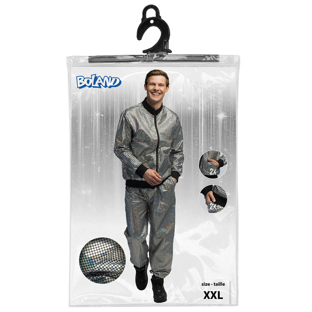 Op deze afbeelding zie je een Kostuums, van het merk Boland. Trainingspak Disco Bal Zilver Mr Cool Man Kostuum
