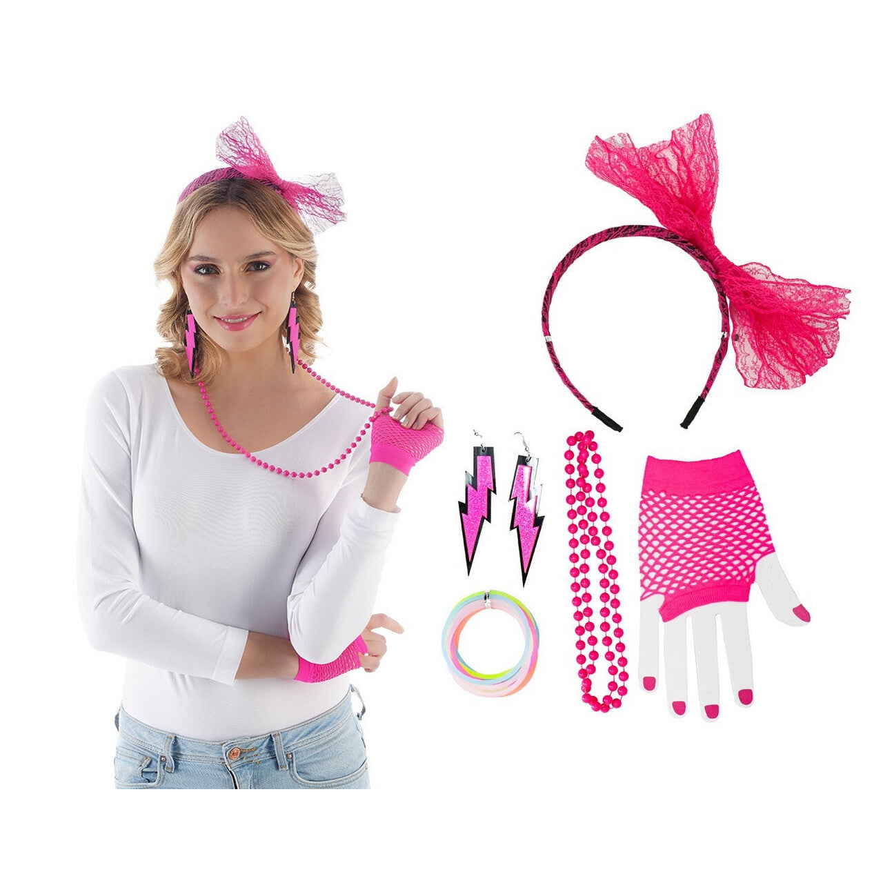 Op deze afbeelding zie je een Accessoires, van het merk Chaks. Neon Roze Jaren 80 Popstar Set