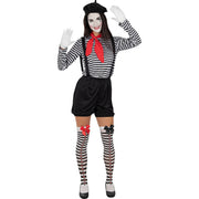 Op deze afbeelding zie je een Kostuums, van het merk Funidelia. Zwart Wit Gestreepte Mime Clown Vrouw Kostuum