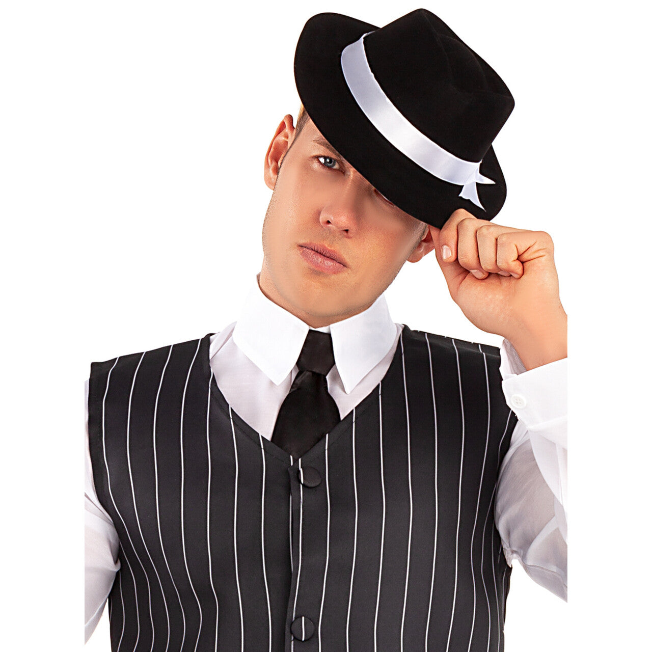 Op deze afbeelding zie je een Accessoires, van het merk Funidelia. Zwarte Gangster Maffia Hoed Met Wit Lint