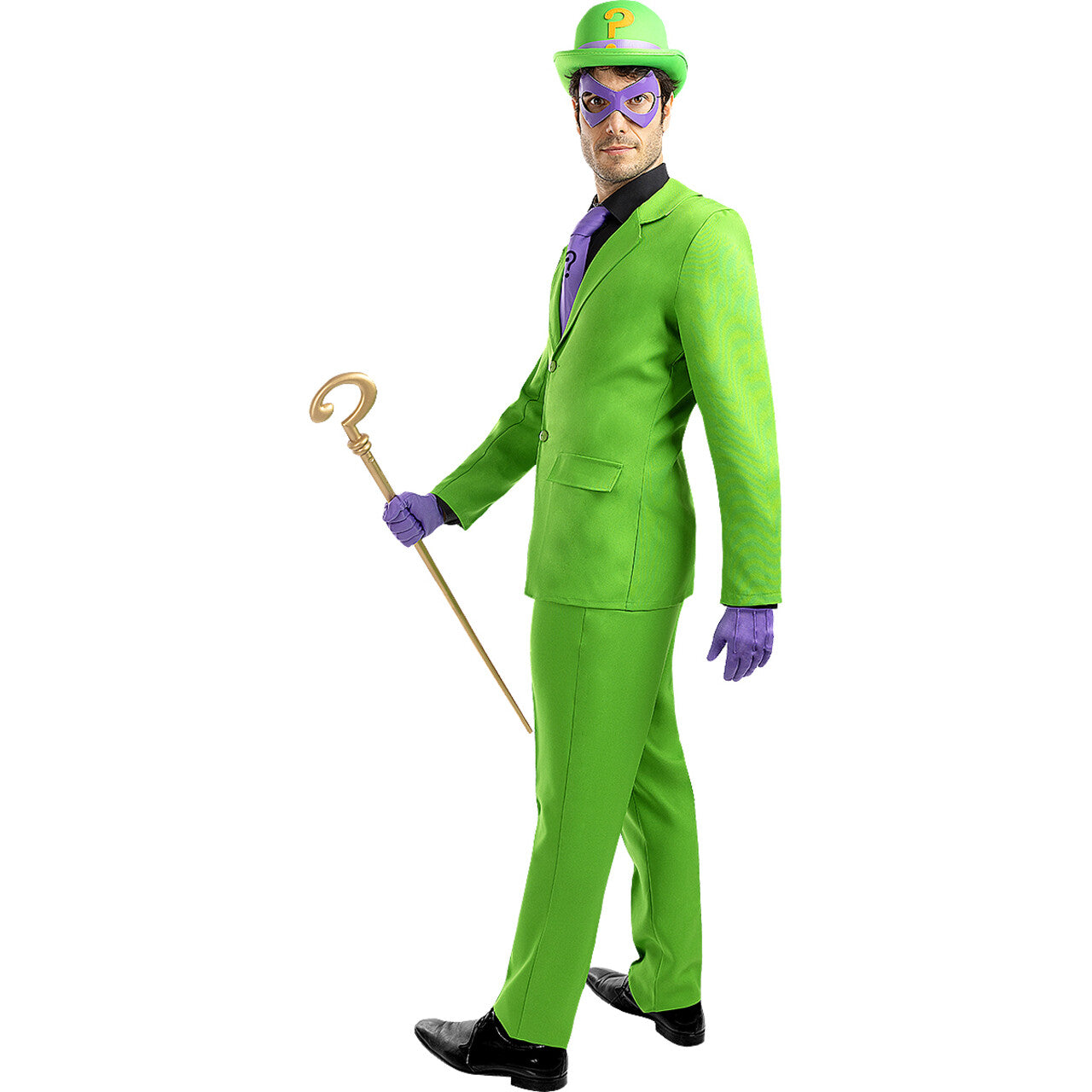 Op deze afbeelding zie je een Kostuums, van het merk Funidelia. The Riddler Man Kostuum