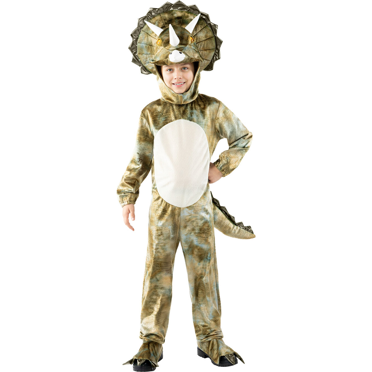 Op deze afbeelding zie je een Kostuums, van het merk Funidelia. Vriendelijke Triceratops Dinosaurus Kind Kostuum
