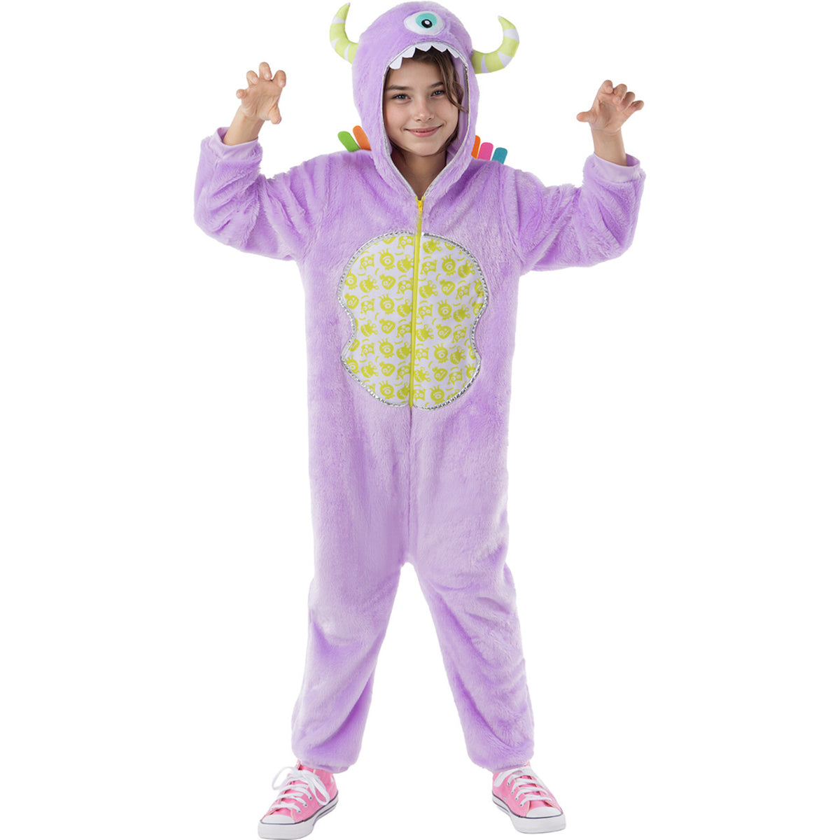 Op deze afbeelding zie je een Kostuums, van het merk Funidelia. Het Vriendelijke Paarse Monster Kind Kostuum