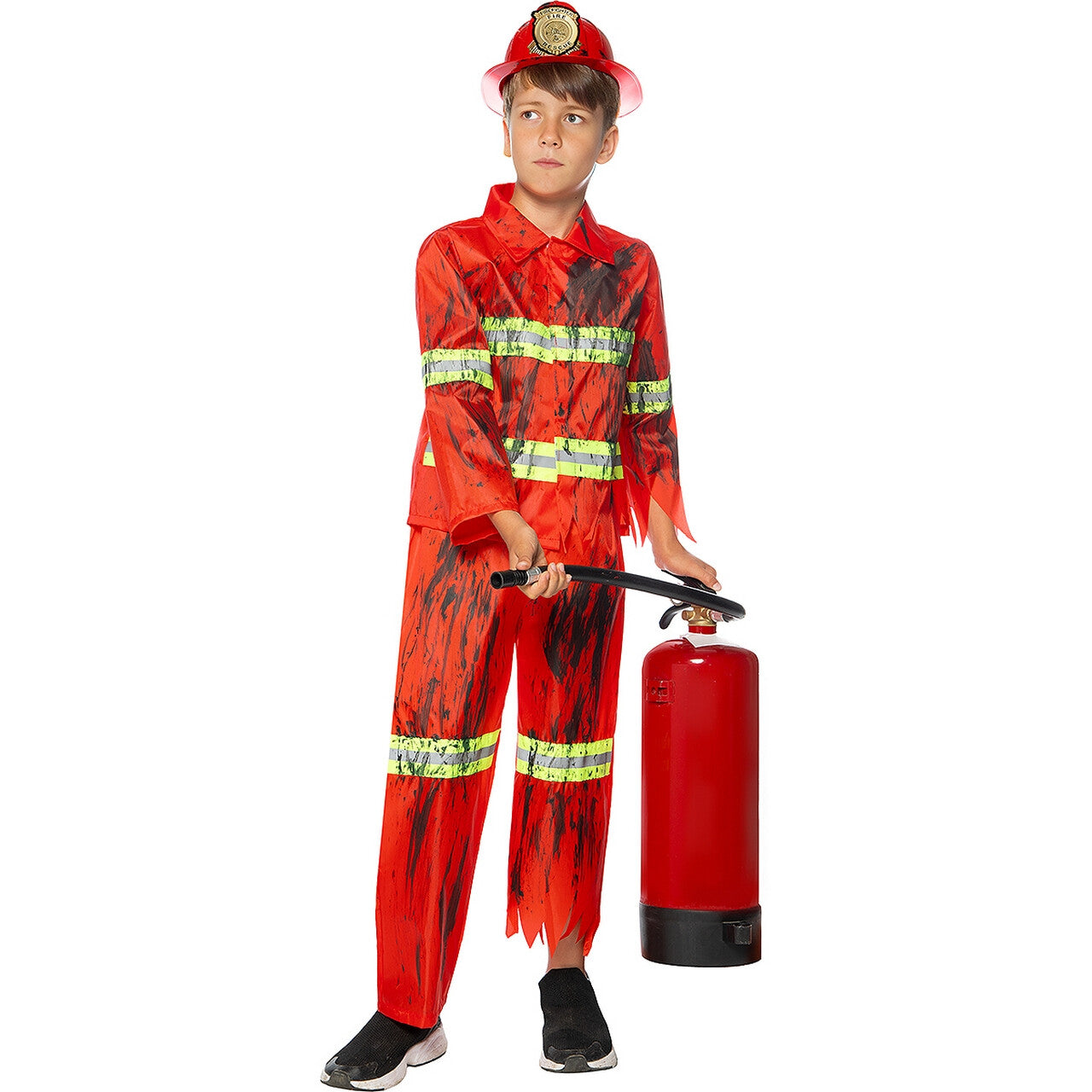 Op deze afbeelding zie je een Kostuums, van het merk Funidelia. Bloedblusser Brandweer Zombie Kind Kostuum