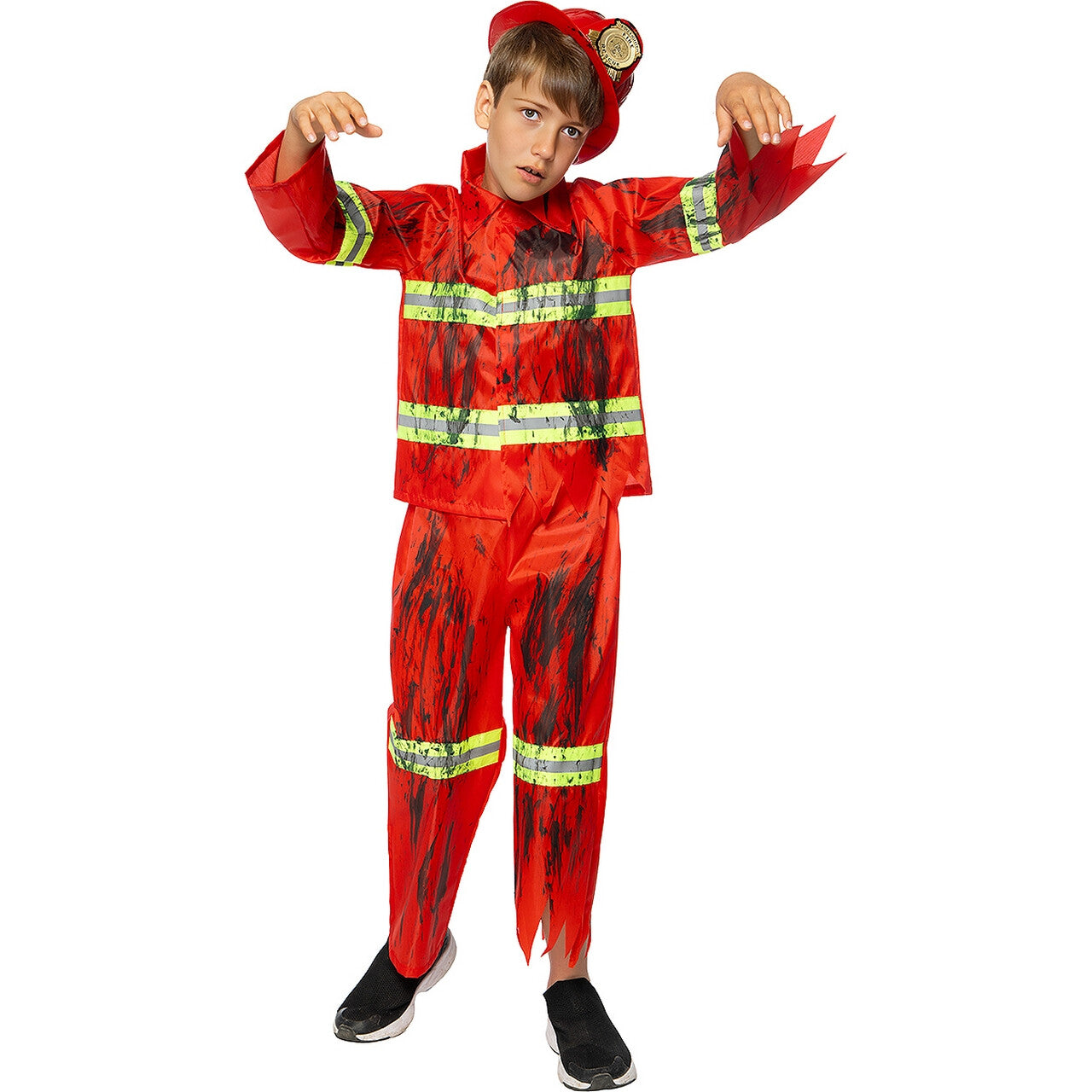 Op deze afbeelding zie je een Kostuums, van het merk Funidelia. Bloedblusser Brandweer Zombie Kind Kostuum