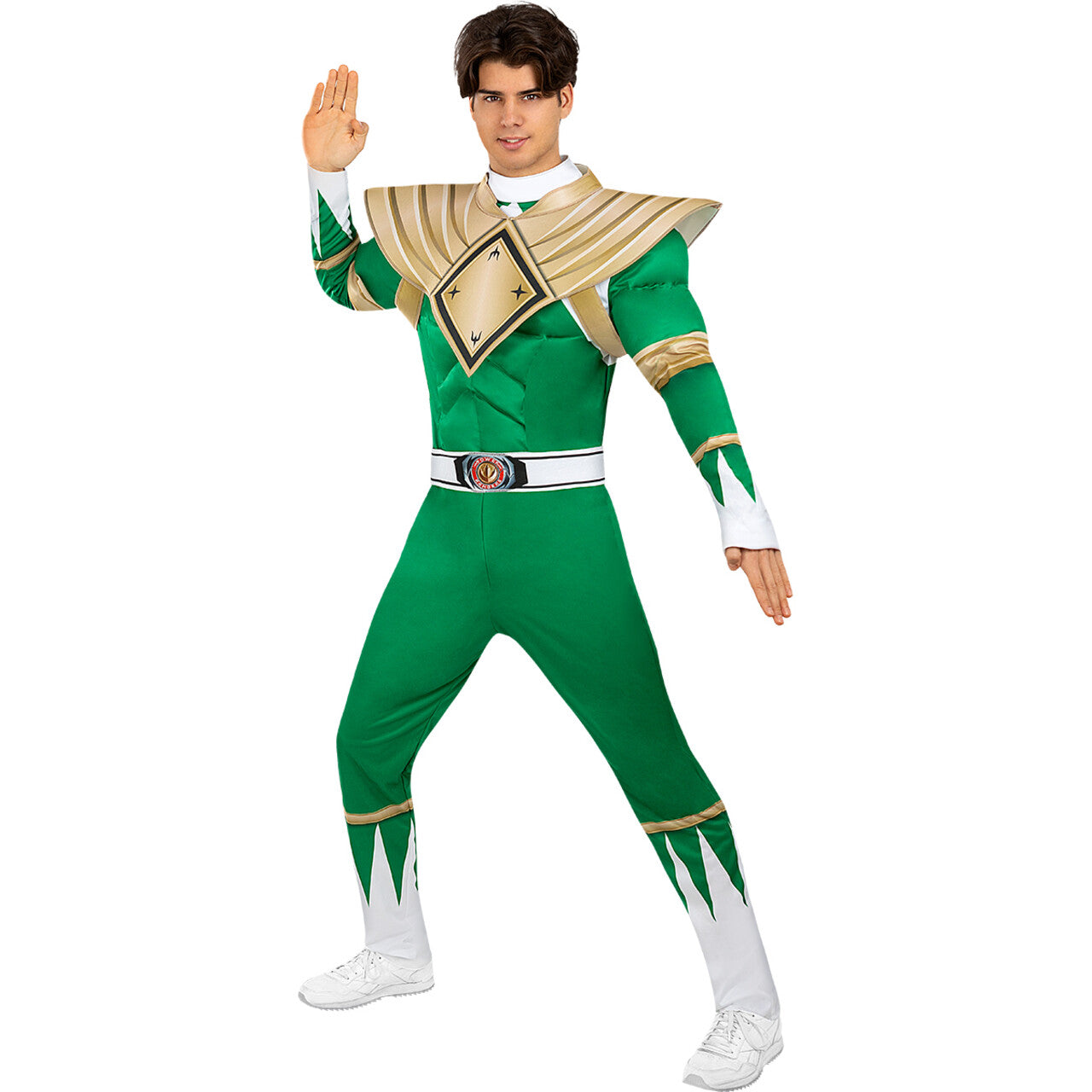 Op deze afbeelding zie je een Kostuums, van het merk Funidelia. Groene Dino Power Ranger Tommy Man Kostuum