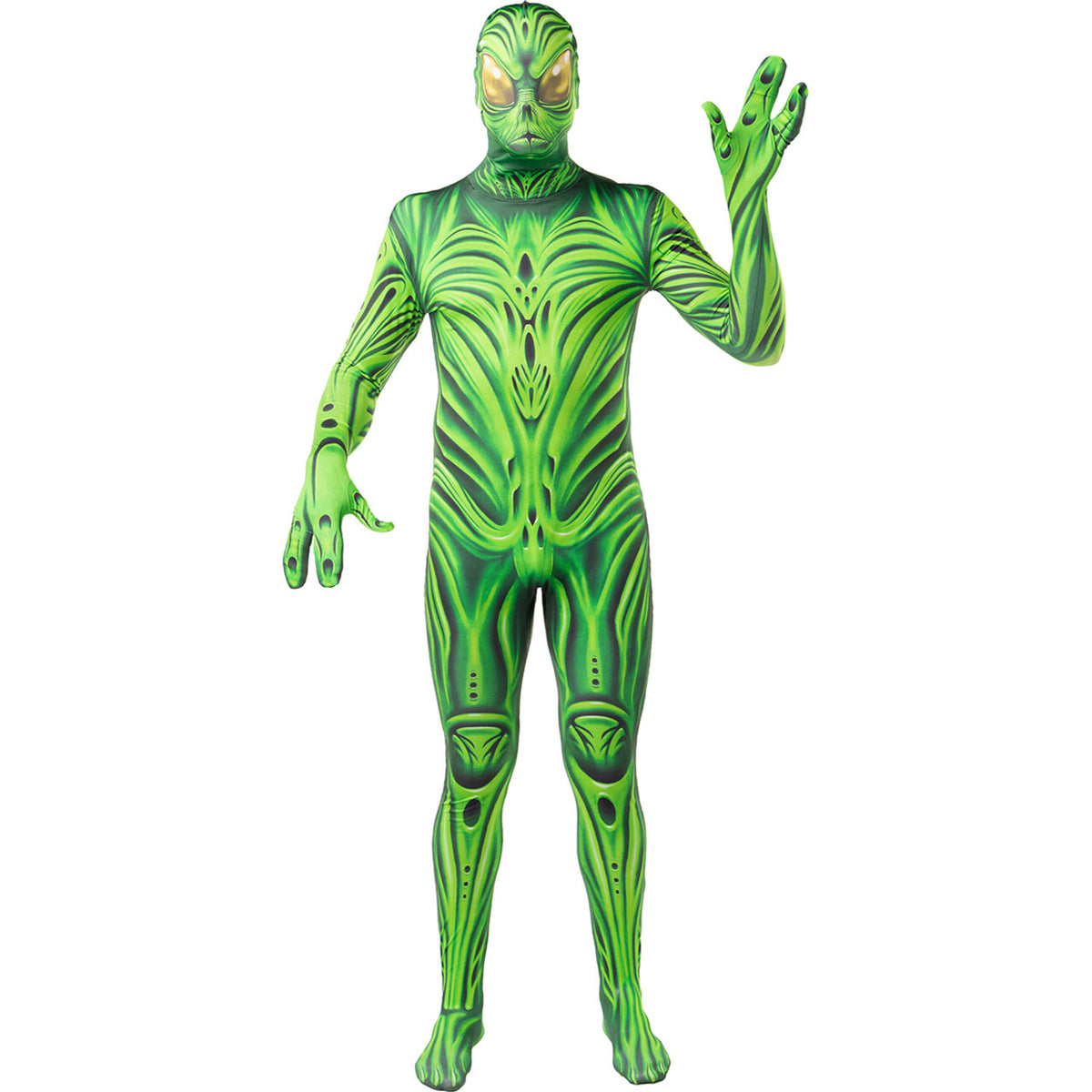 Op deze afbeelding zie je een Kostuums, van het merk Funidelia. Green Alien Monster Second Skin Man Kostuum