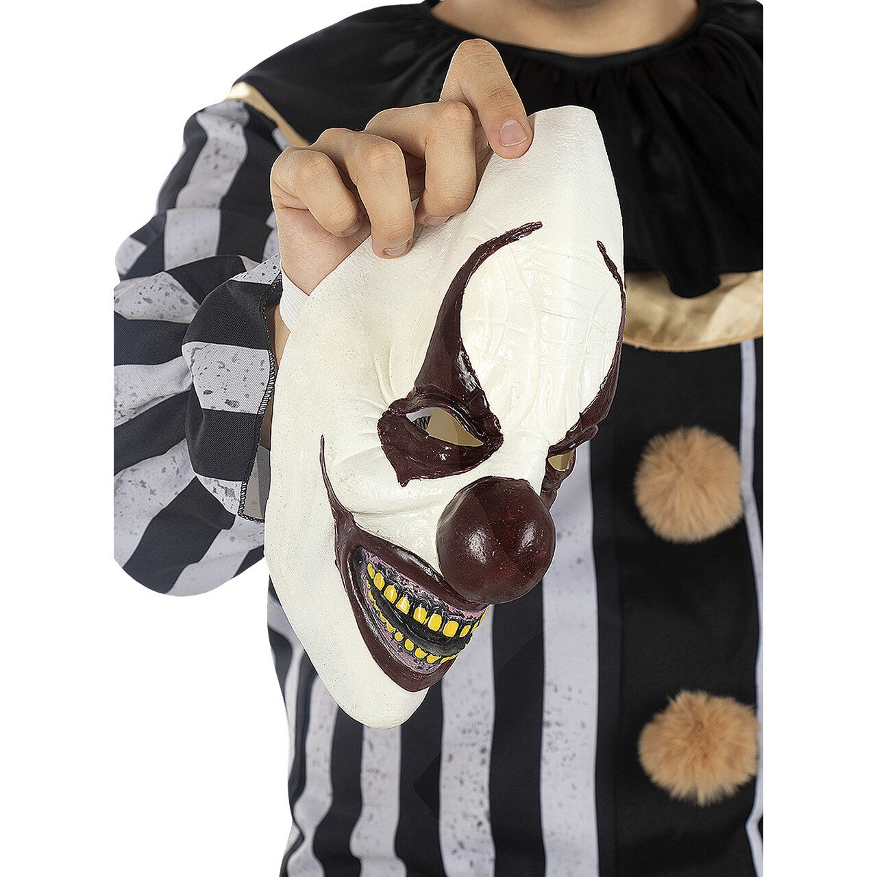 Op deze afbeelding zie je een Kostuums, van het merk Funidelia. Ready To Strike Stripe Clown Man Kostuum