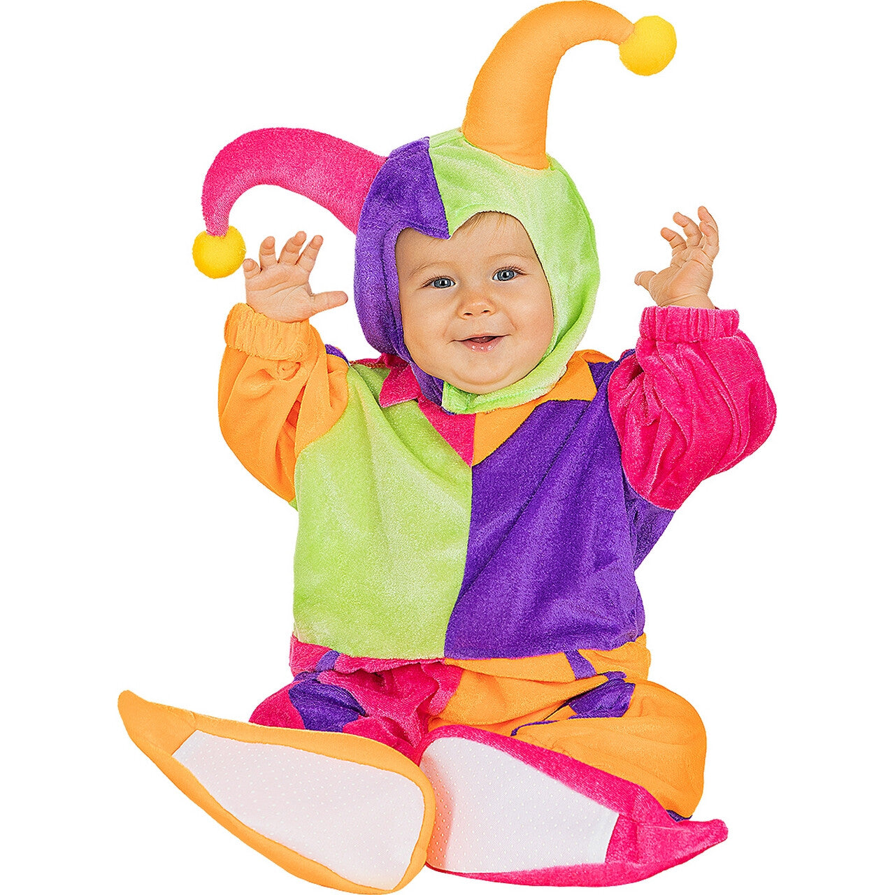 Op deze afbeelding zie je een Kostuums, van het merk Funidelia. Happy Jester Baby Kind Kostuum