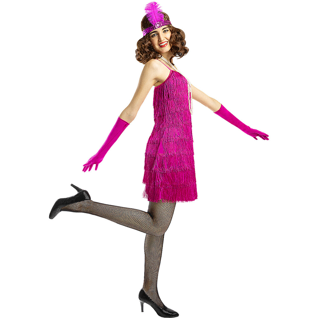 Op deze afbeelding zie je een Kostuums, van het merk Funidelia. Jaren 20 Roze Franny Franje Vrouw Kostuum